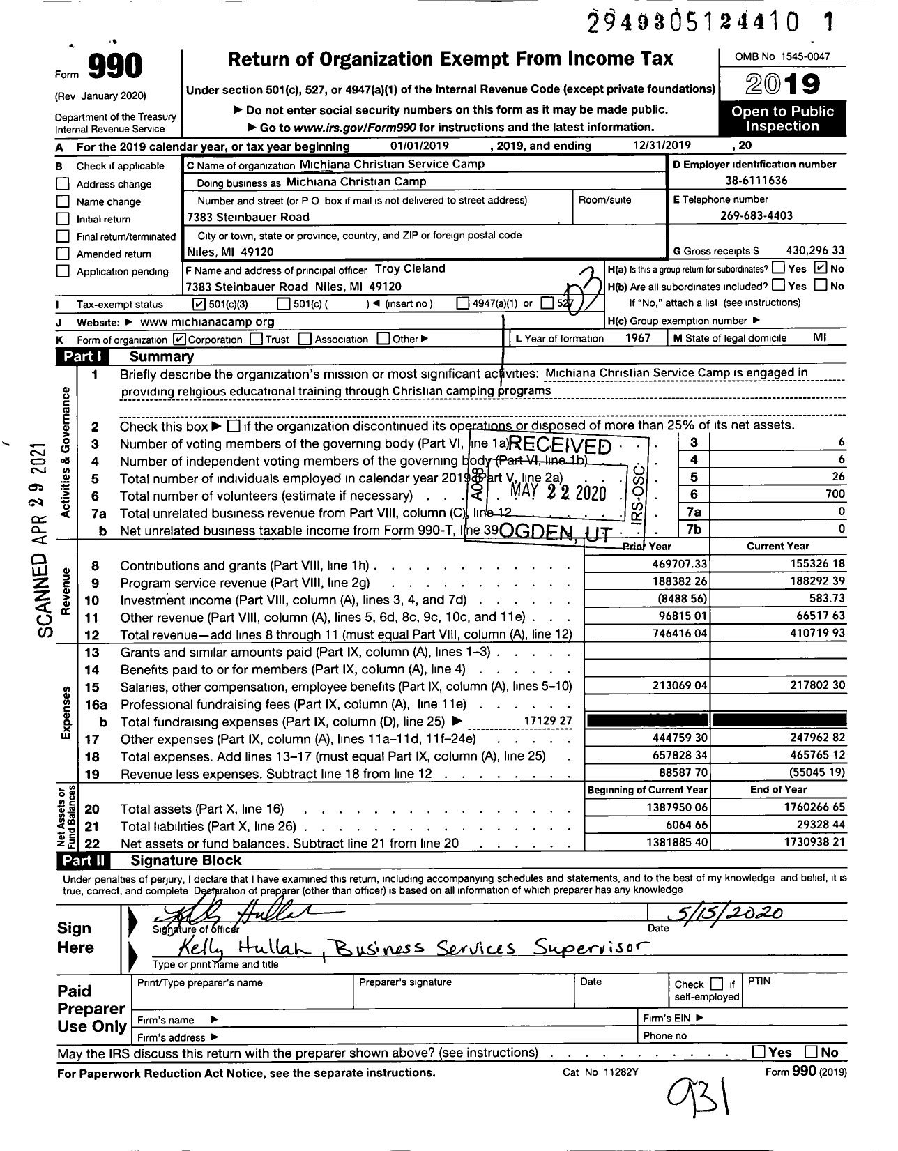 Image of first page of 2019 Form 990 for Michiana Christian Camp