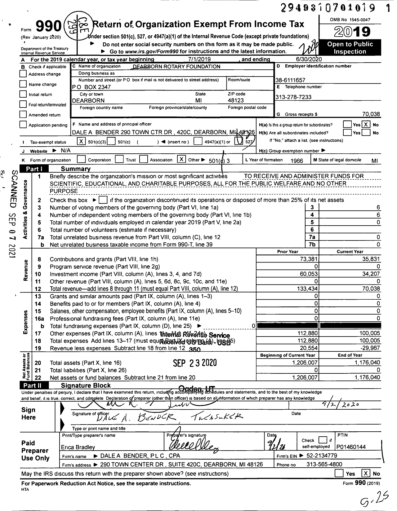 Image of first page of 2019 Form 990 for Dearborn Rotary Foundation