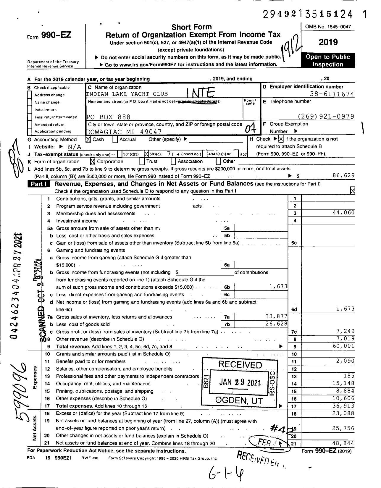 Image of first page of 2019 Form 990EO for Indian Lake Yacht Club