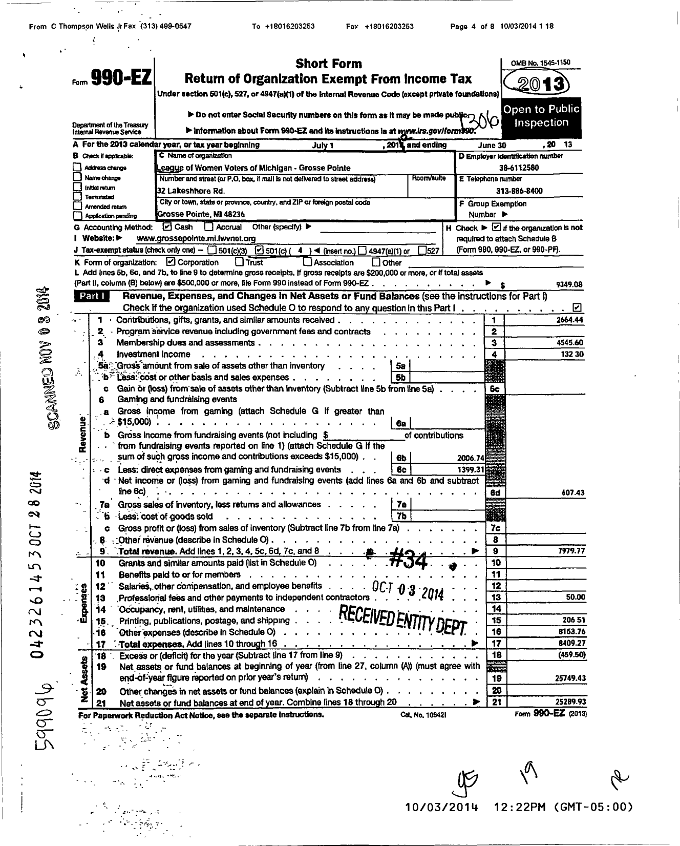 Image of first page of 2012 Form 990EO for League of Women Voters of Michigan Grosse Pointe