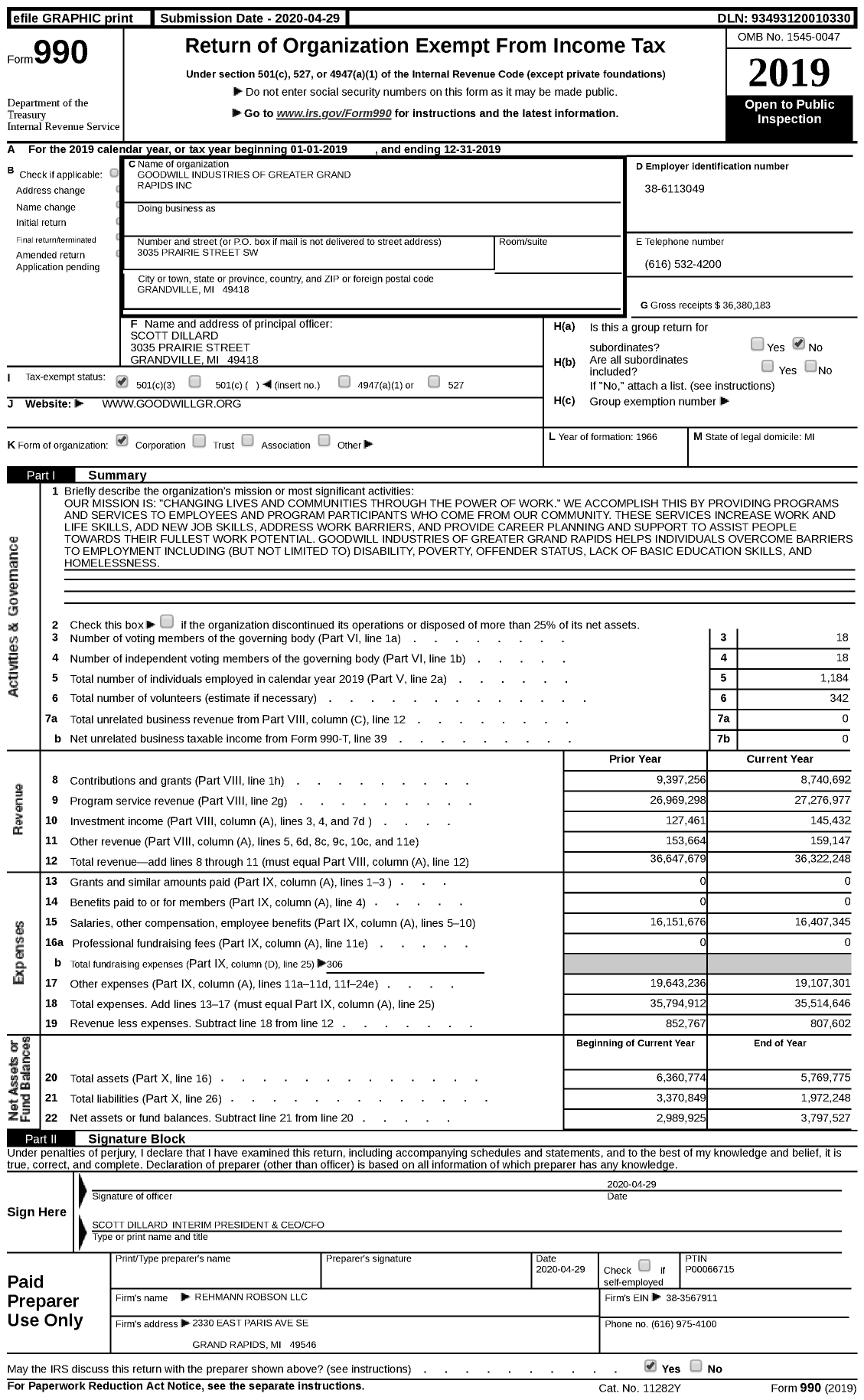 Image of first page of 2019 Form 990 for Goodwill Industries of Greater Grand Rapids