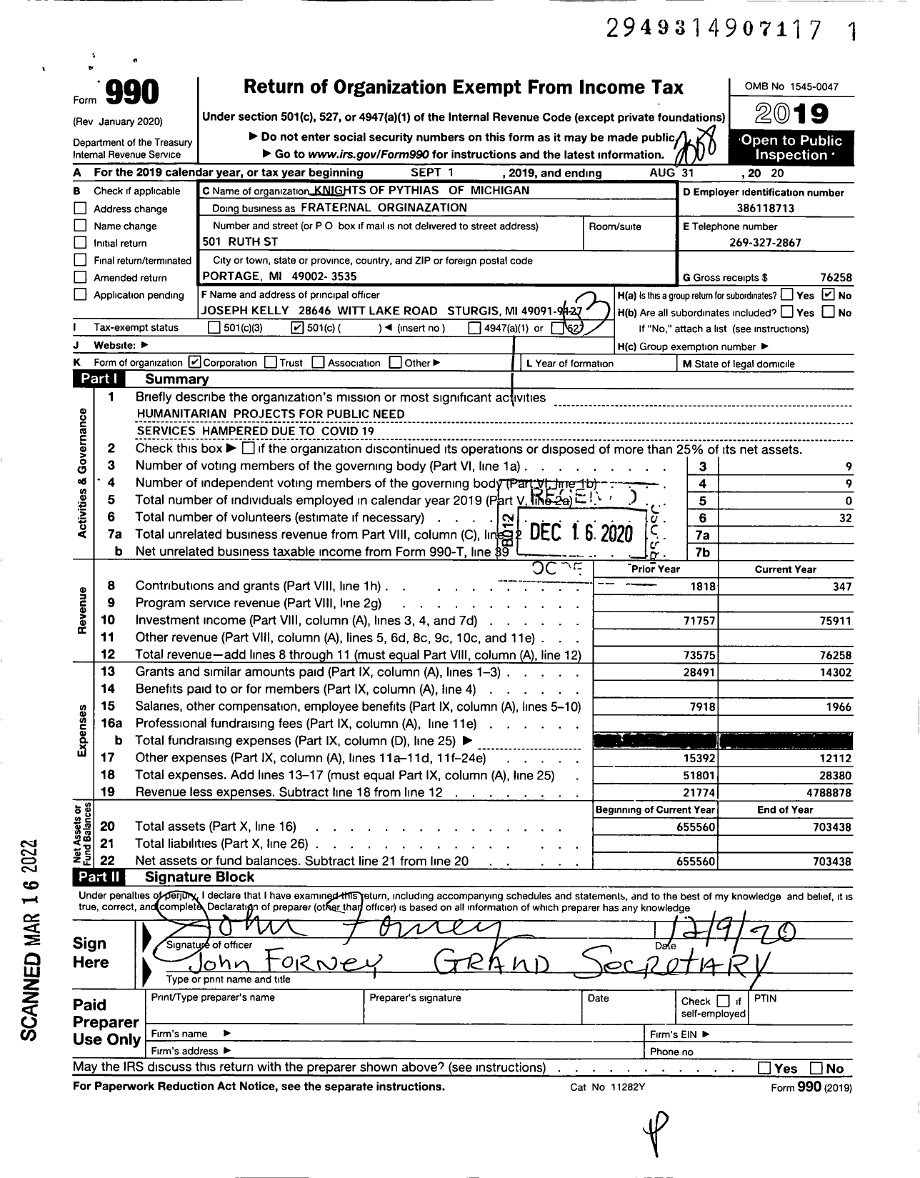 Image of first page of 2019 Form 990 for fraternal organization