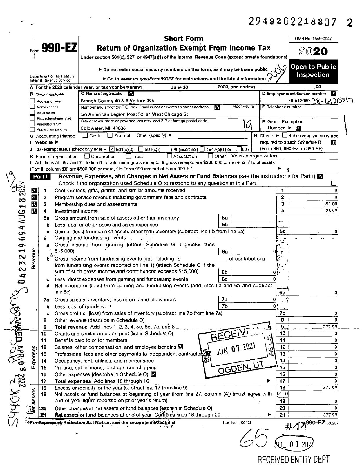 Image of first page of 2019 Form 990EO for The Forty and Eight - 396 Vioture Locale