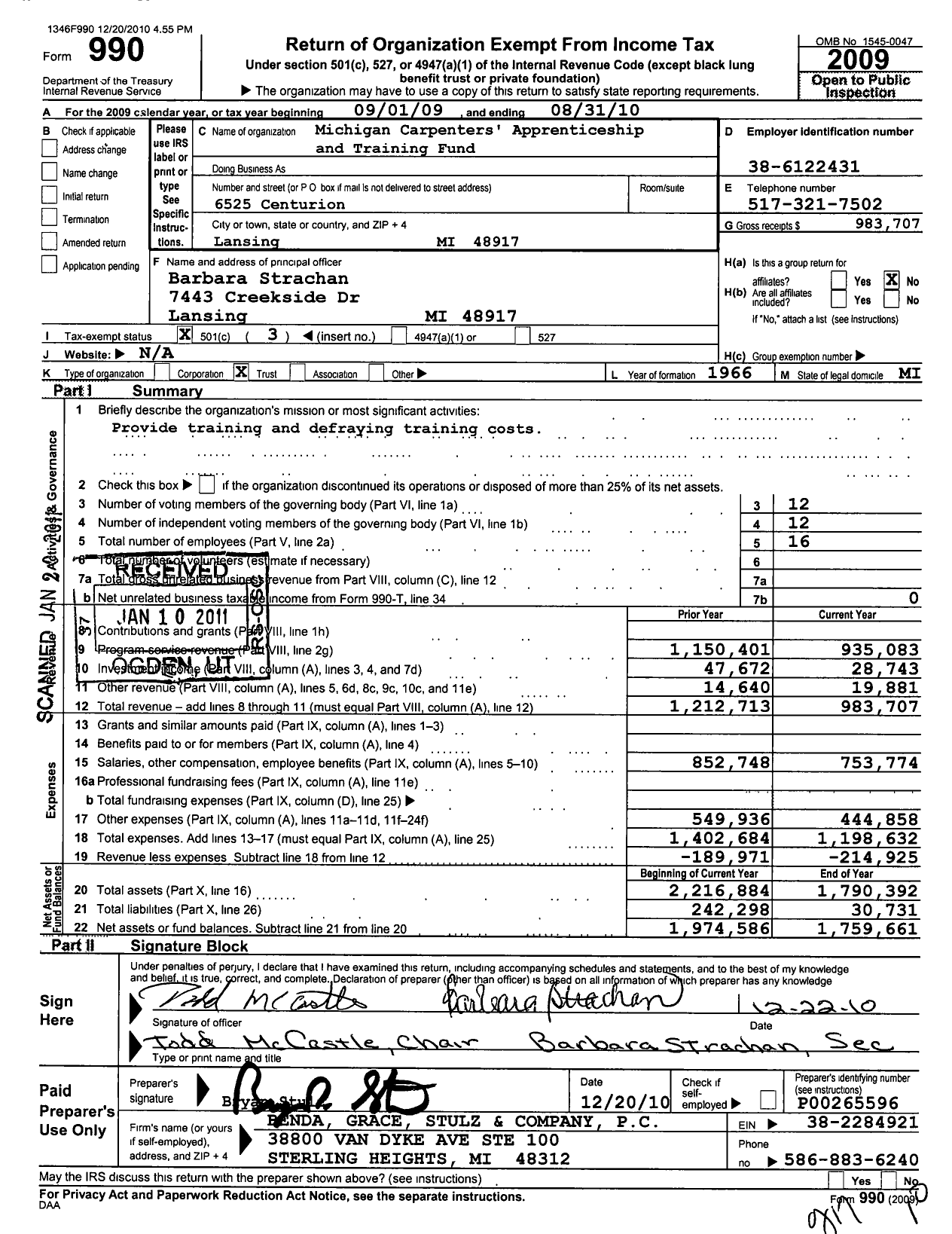 Image of first page of 2009 Form 990 for Michigan Carpenters' Apprenticeship and Training Fund