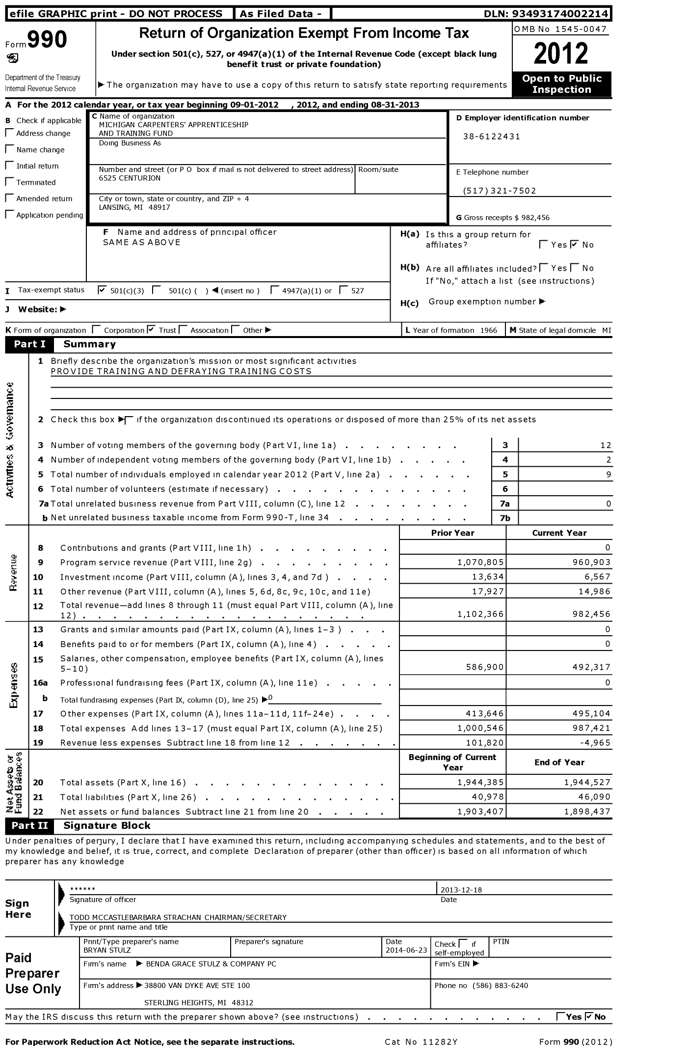 Image of first page of 2012 Form 990 for Michigan Carpenters' Apprenticeship and Training Fund
