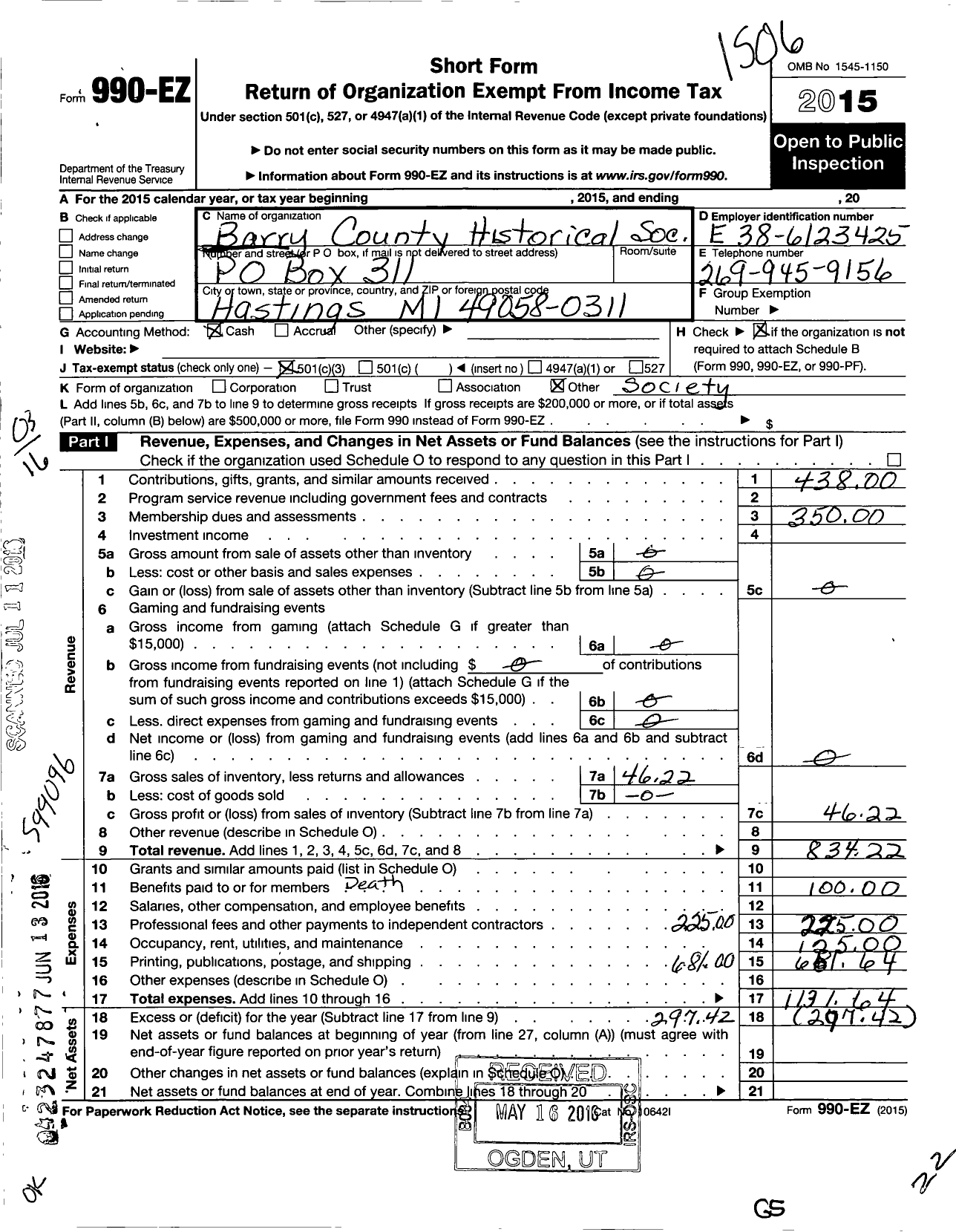 Image of first page of 2014 Form 990EZ for Barry County Historical Society