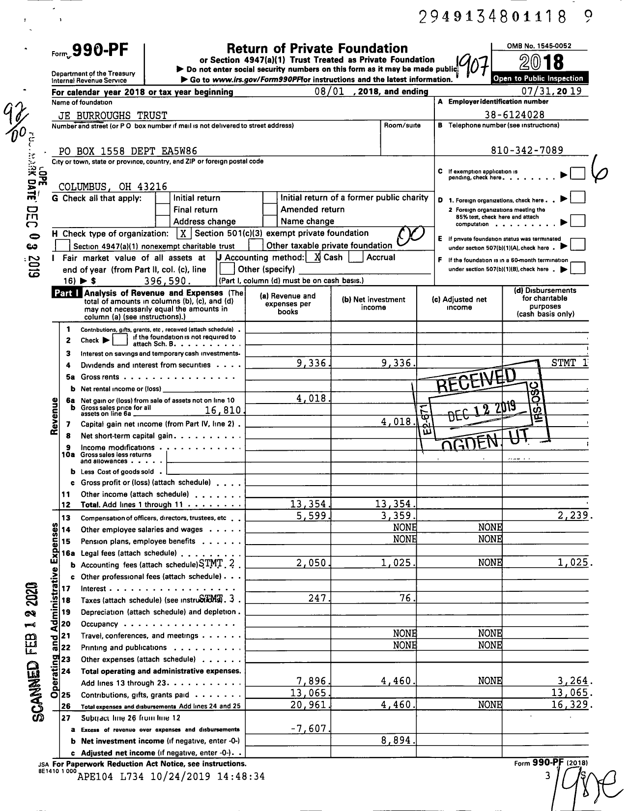 Image of first page of 2018 Form 990PF for Je Burroughs Trust