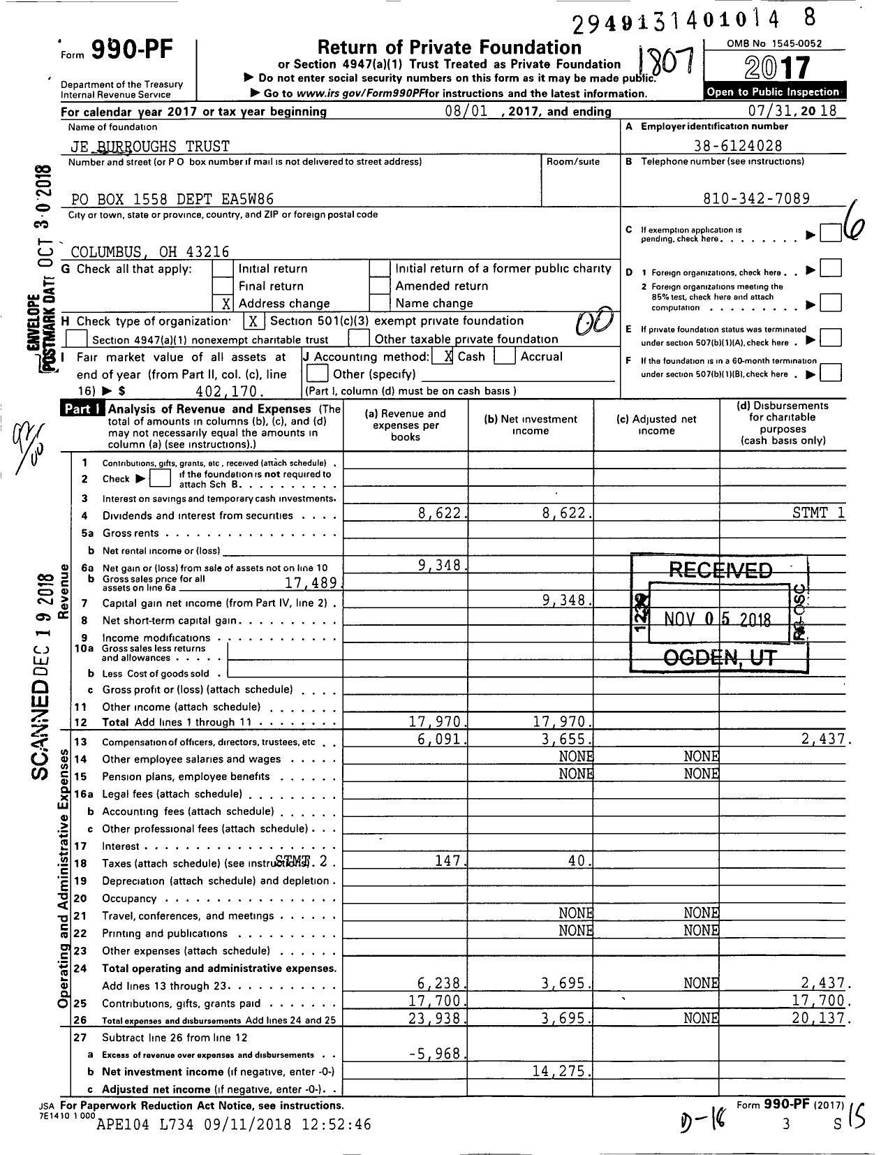 Image of first page of 2017 Form 990PF for Je Burroughs Trust