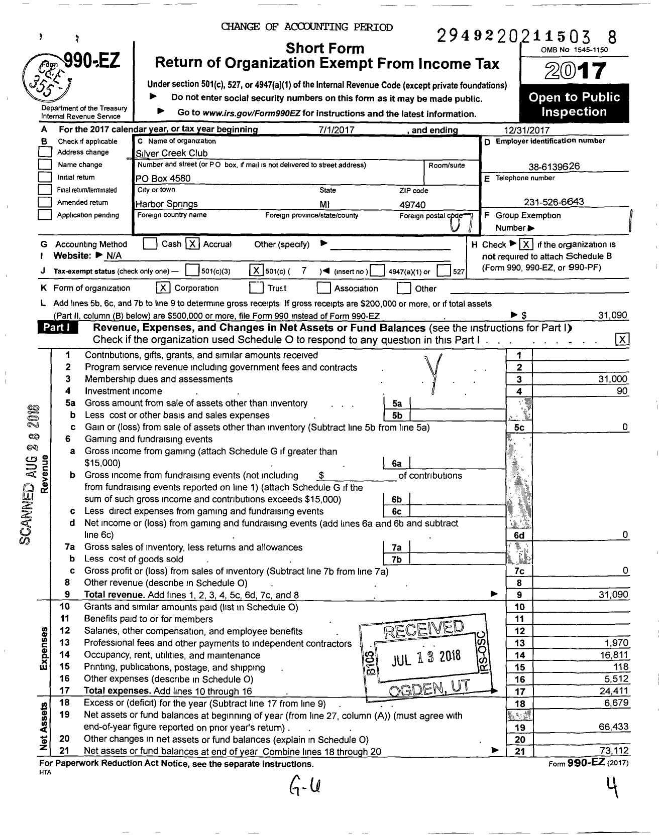 Image of first page of 2017 Form 990EO for Silver Creek Club