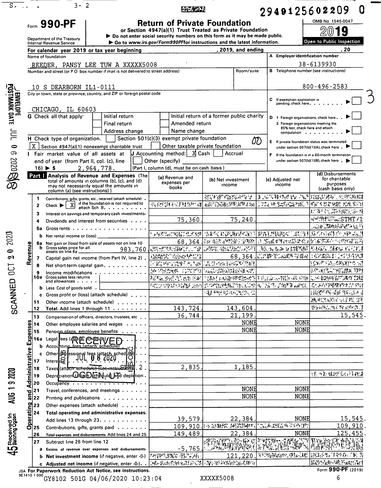 Image of first page of 2019 Form 990PR for Reeder Pansy Lee Tuw A XXXXX5008