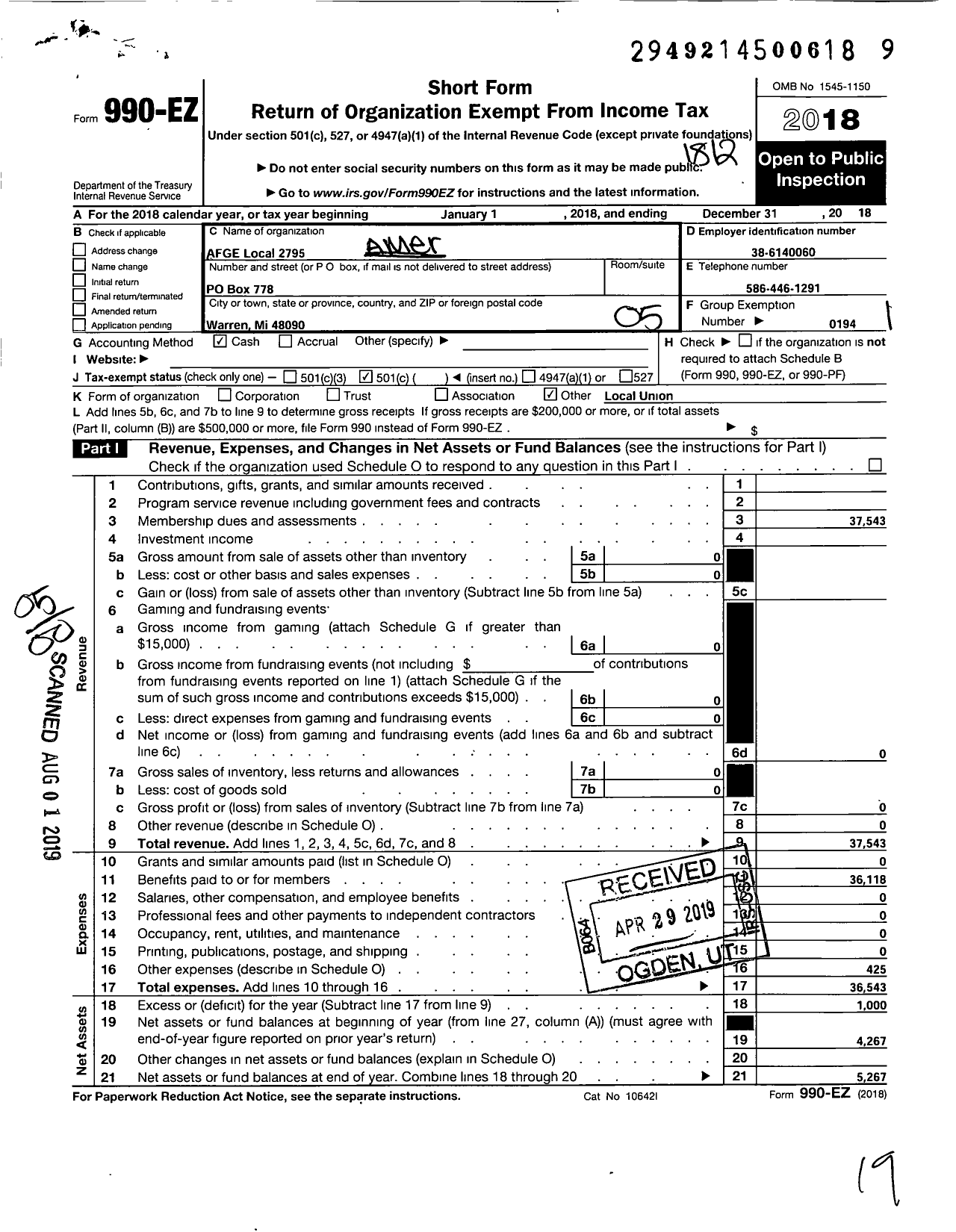 Image of first page of 2018 Form 990EO for American Federation of Government Employees - 2795 Afge Dod Local