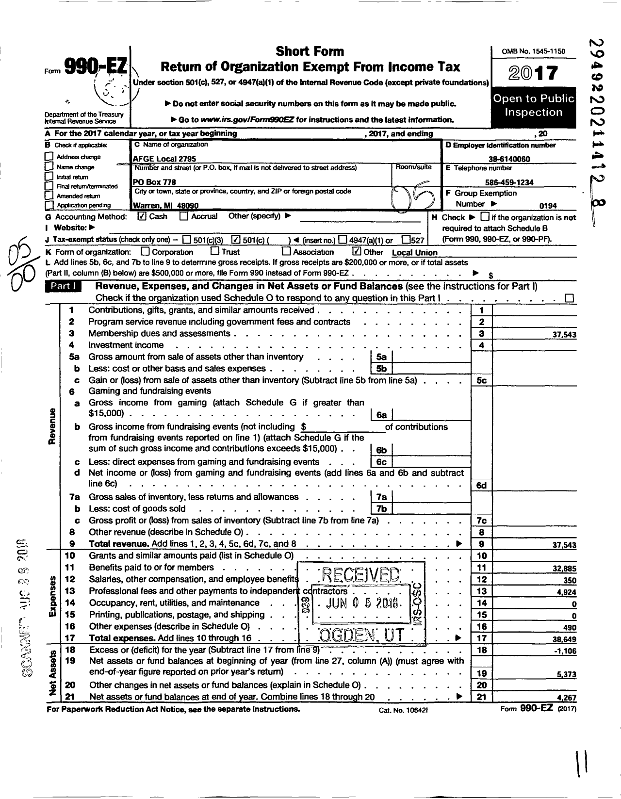 Image of first page of 2017 Form 990EO for American Federation of Government Employees - 2795 Afge Dod Local