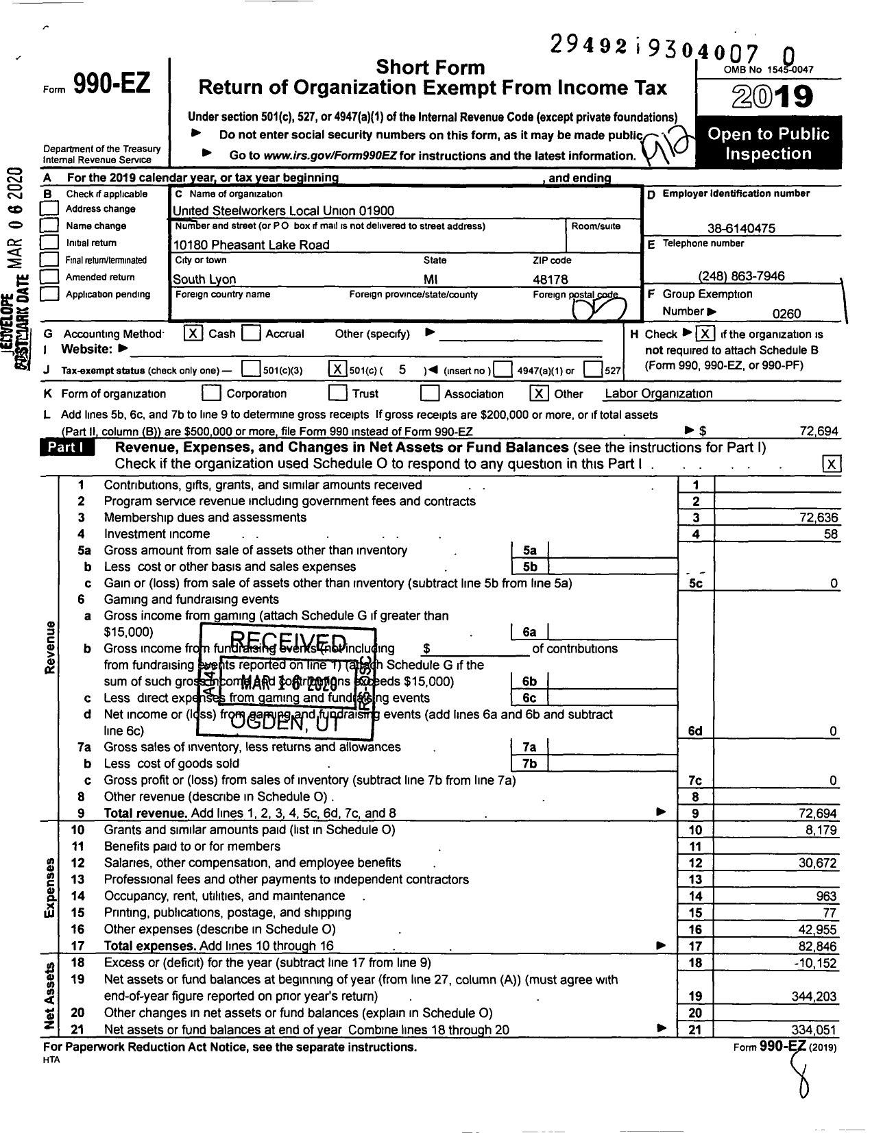 Image of first page of 2019 Form 990EO for United Steelworkers - 1900 USW District 2