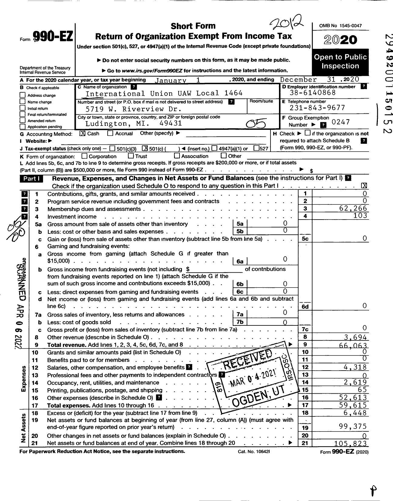 Image of first page of 2020 Form 990EO for Uaw - International Union Uaw Local 1464