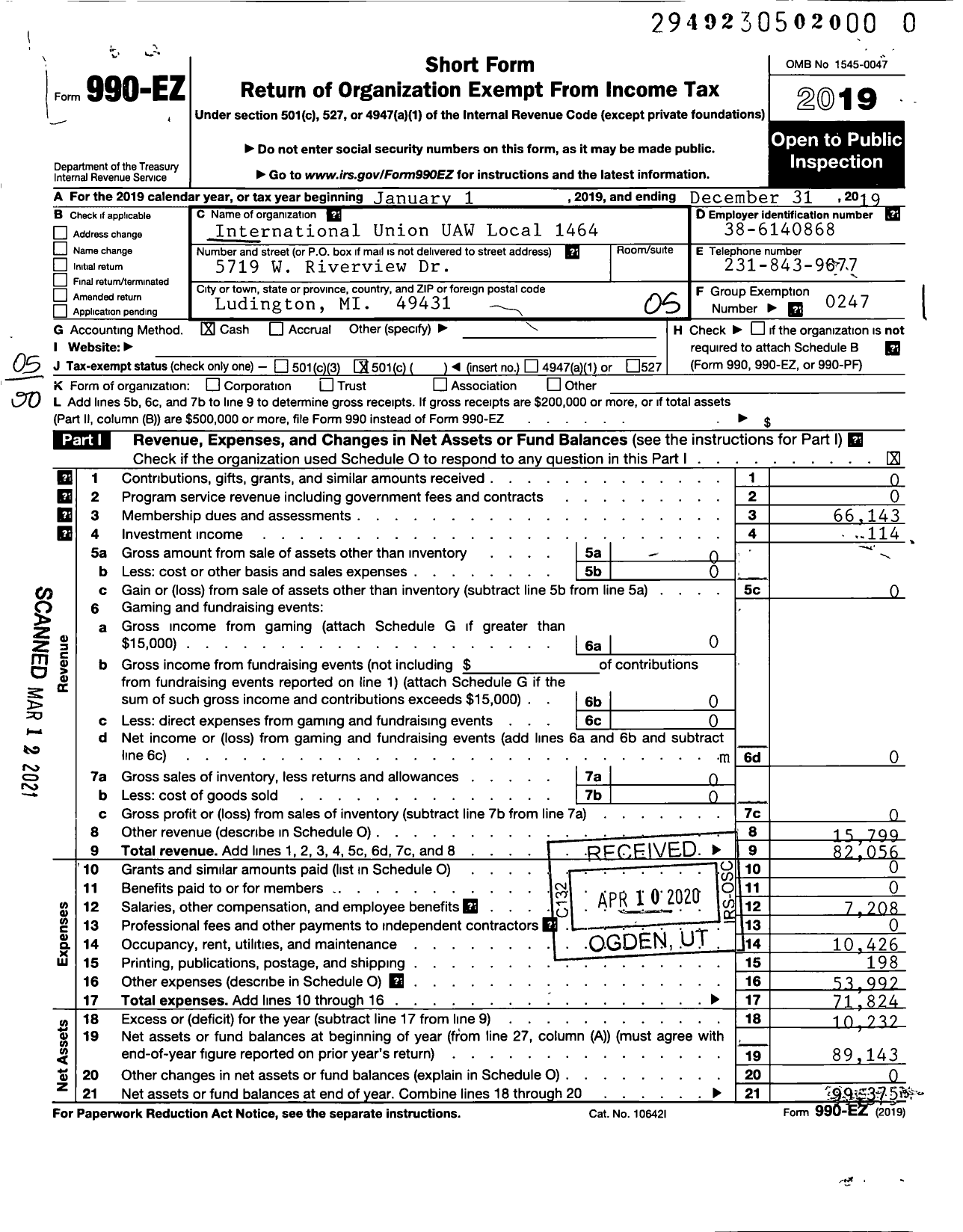 Image of first page of 2019 Form 990EO for Uaw - International Union Uaw Local 1464