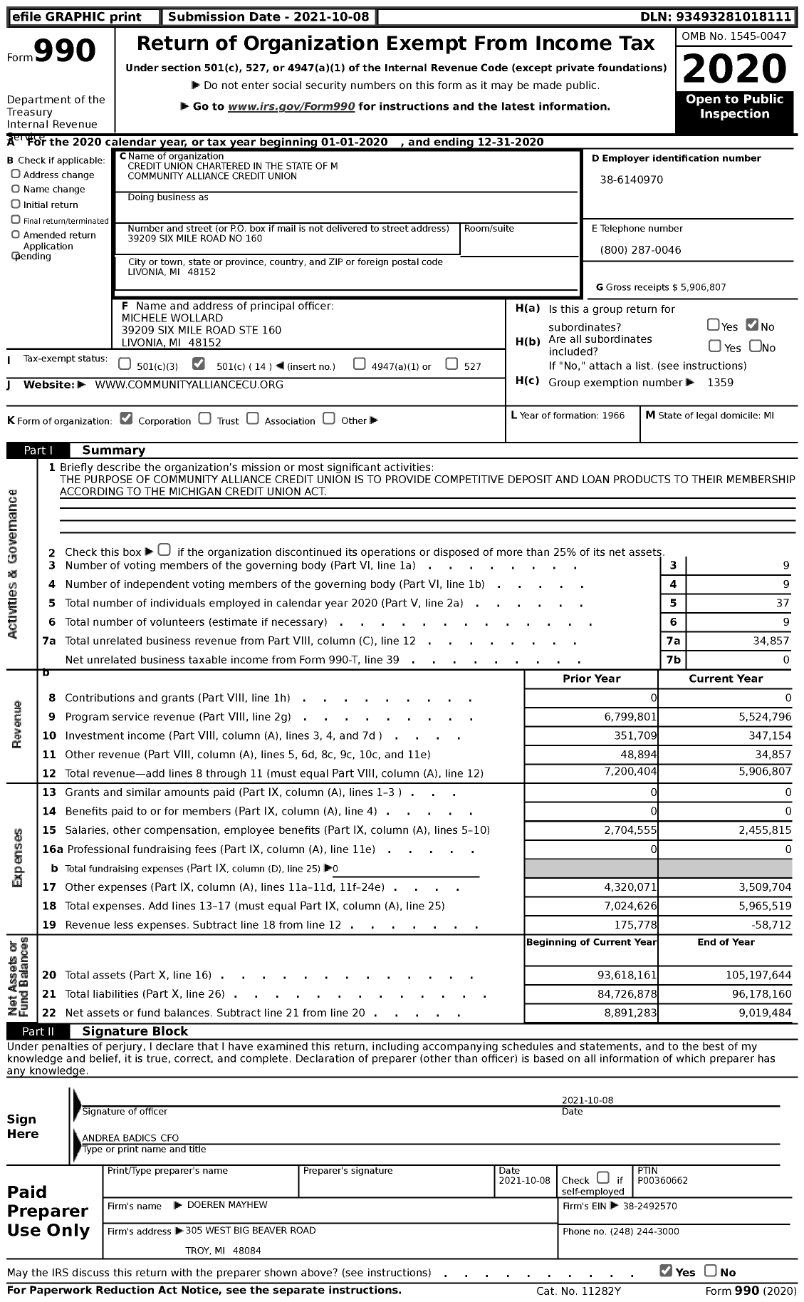 Image of first page of 2020 Form 990 for Credit Unions Chartered in the State of Michigan - 1093 Community Alliance Credit Unio