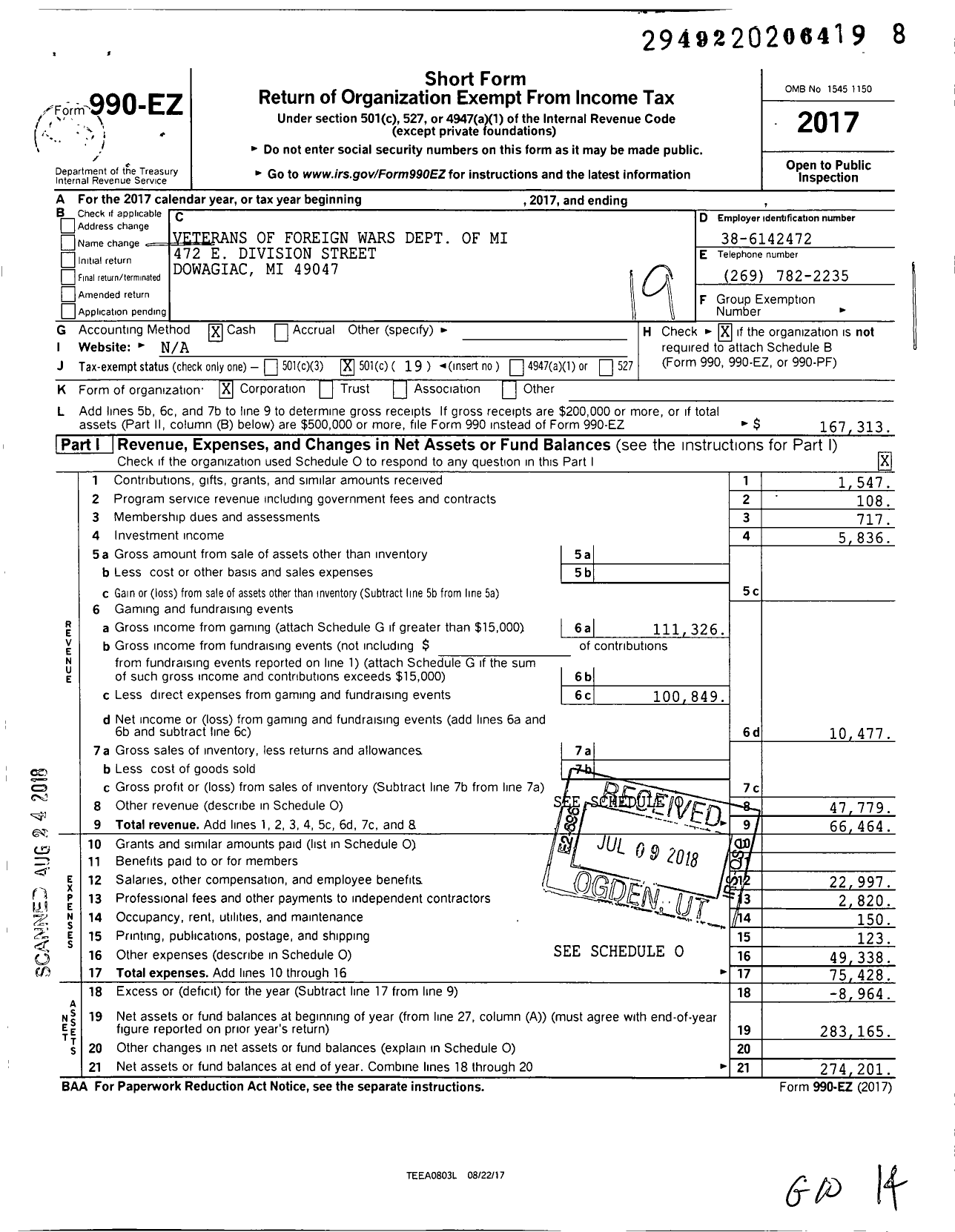 Image of first page of 2017 Form 990EO for VFW Department of Michigan - Dist 7 1855 Cass County