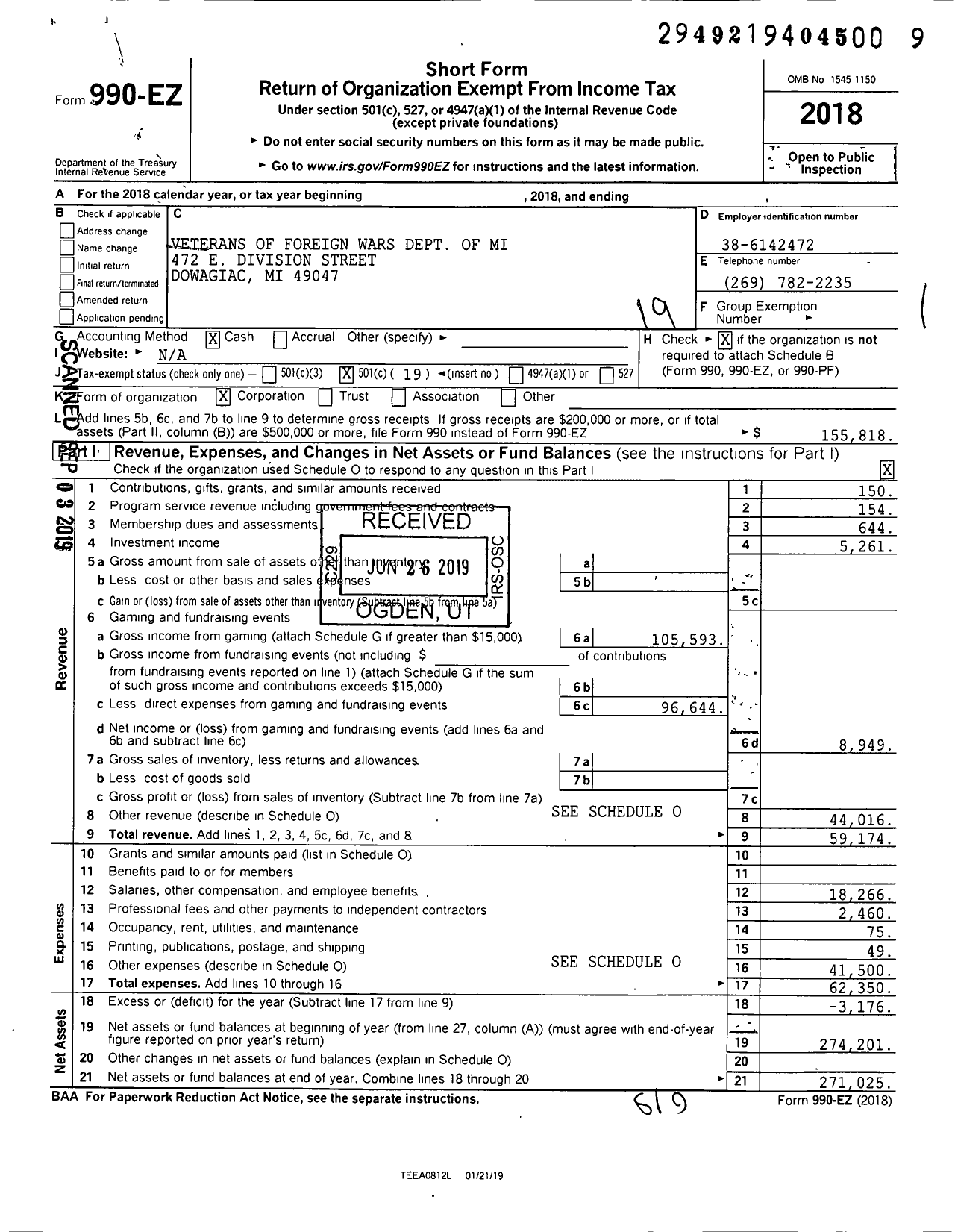 Image of first page of 2018 Form 990EO for VFW Department of Michigan - Dist 7 1855 Cass County