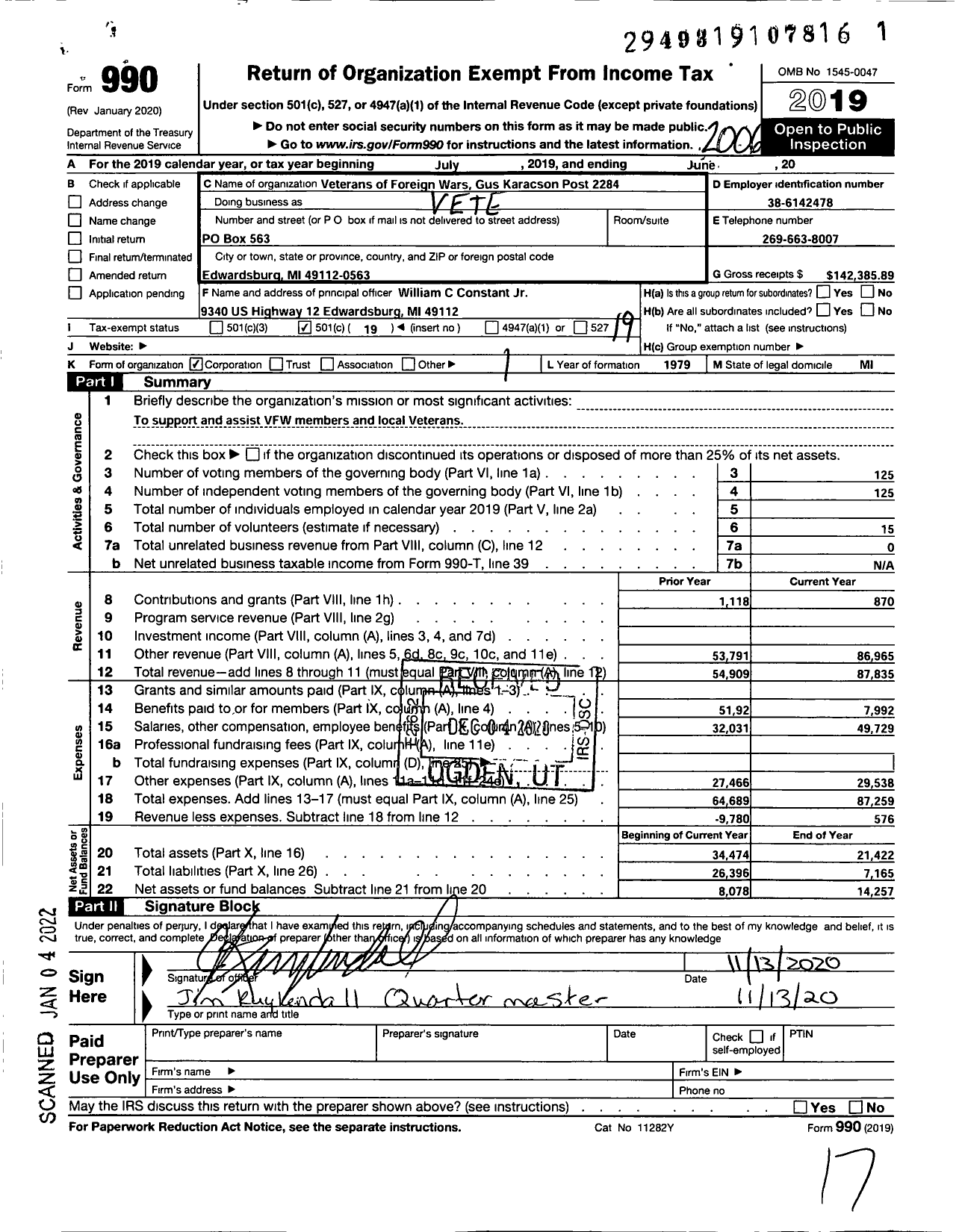 Image of first page of 2019 Form 990O for VFW Department OF Michigan - Dist 7 2284 Robert B Sanders