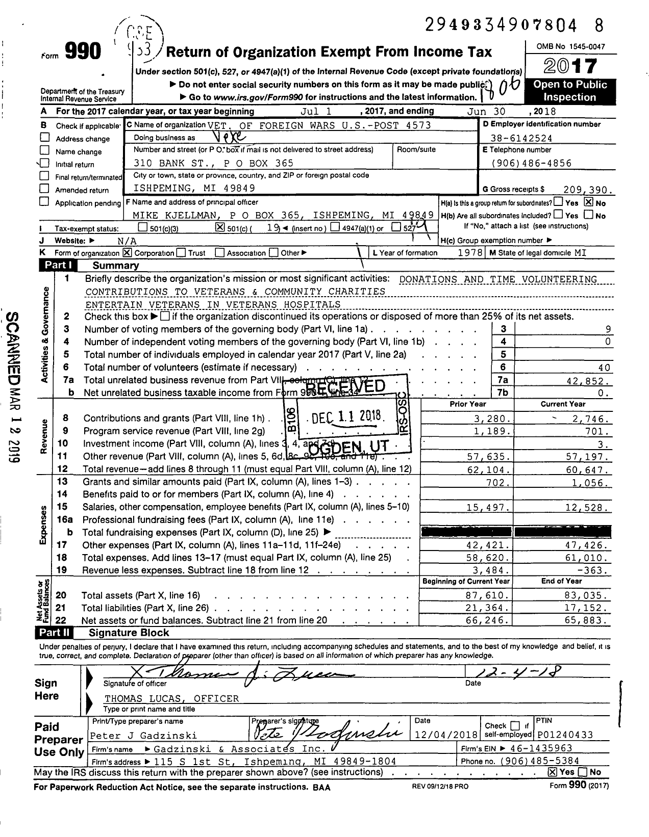 Image of first page of 2017 Form 990O for VFW Department of Michigan - Dist 14 4573 Martin J Lassila