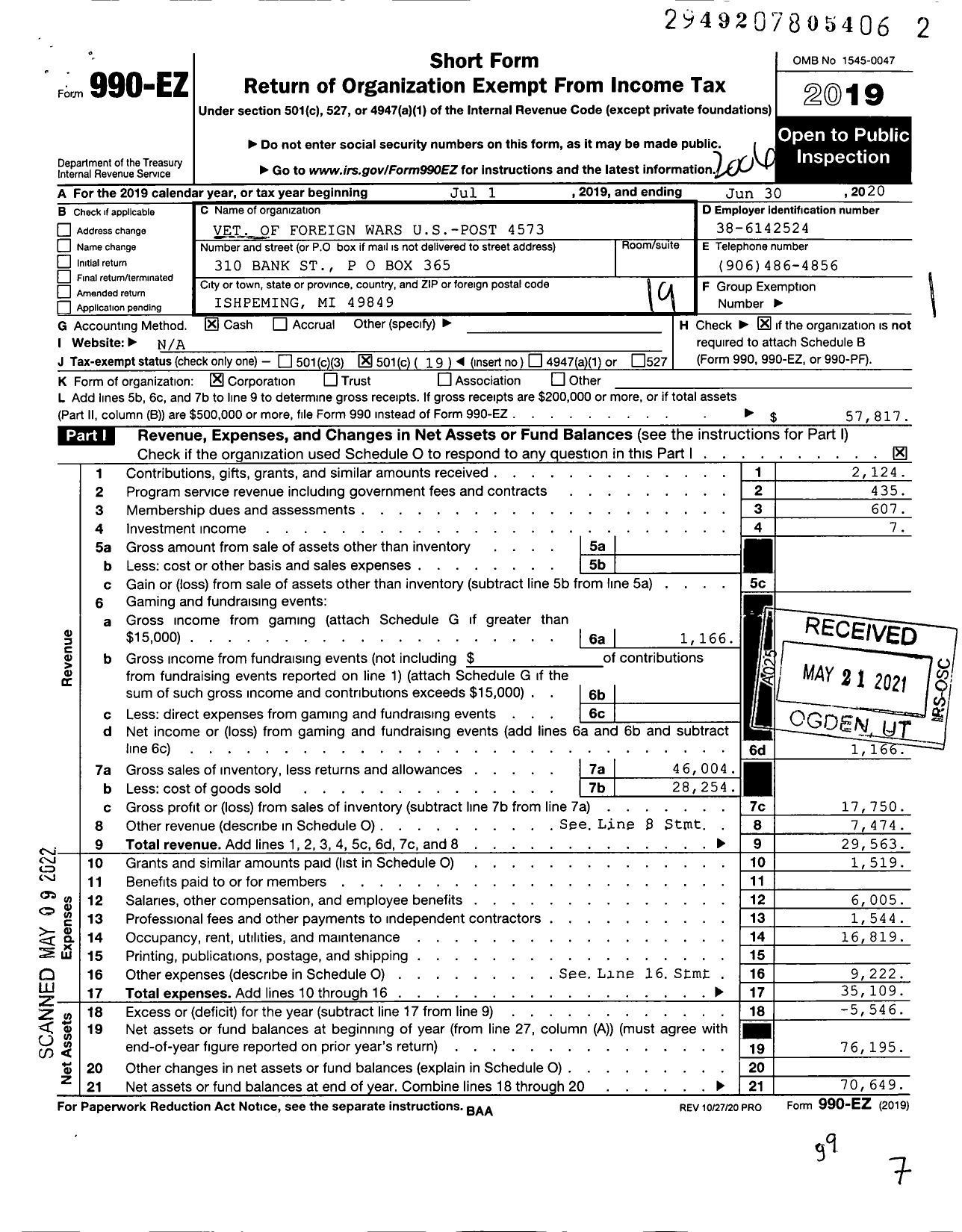 Image of first page of 2019 Form 990EO for VFW Department of Michigan - Dist 14 4573 Martin J Lassila