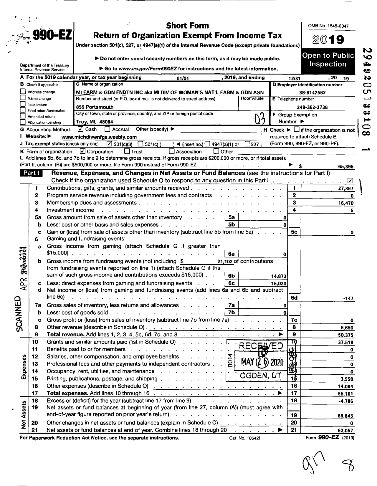 Image of first page of 2019 Form 990EZ for Michigan Farm and Garden Foundation