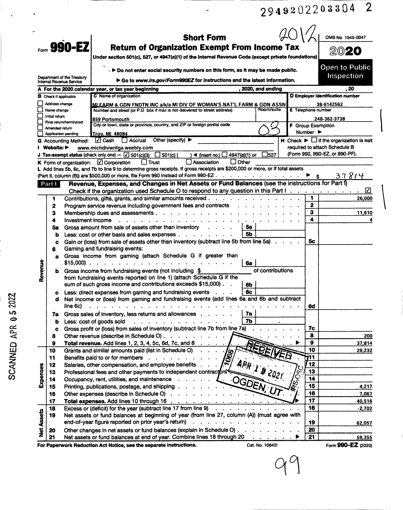 Image of first page of 2020 Form 990EZ for Michigan Farm and Garden Foundation