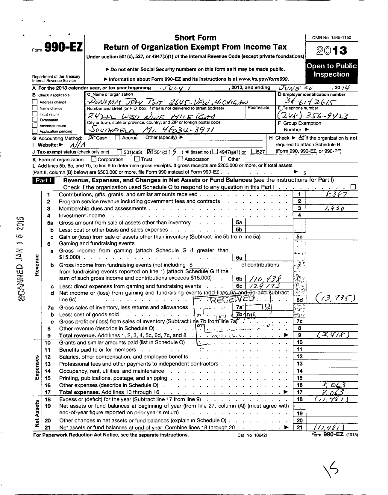 Image of first page of 2013 Form 990EO for VFW Department of Michigan - Dist 5 2645 Dunham Ray