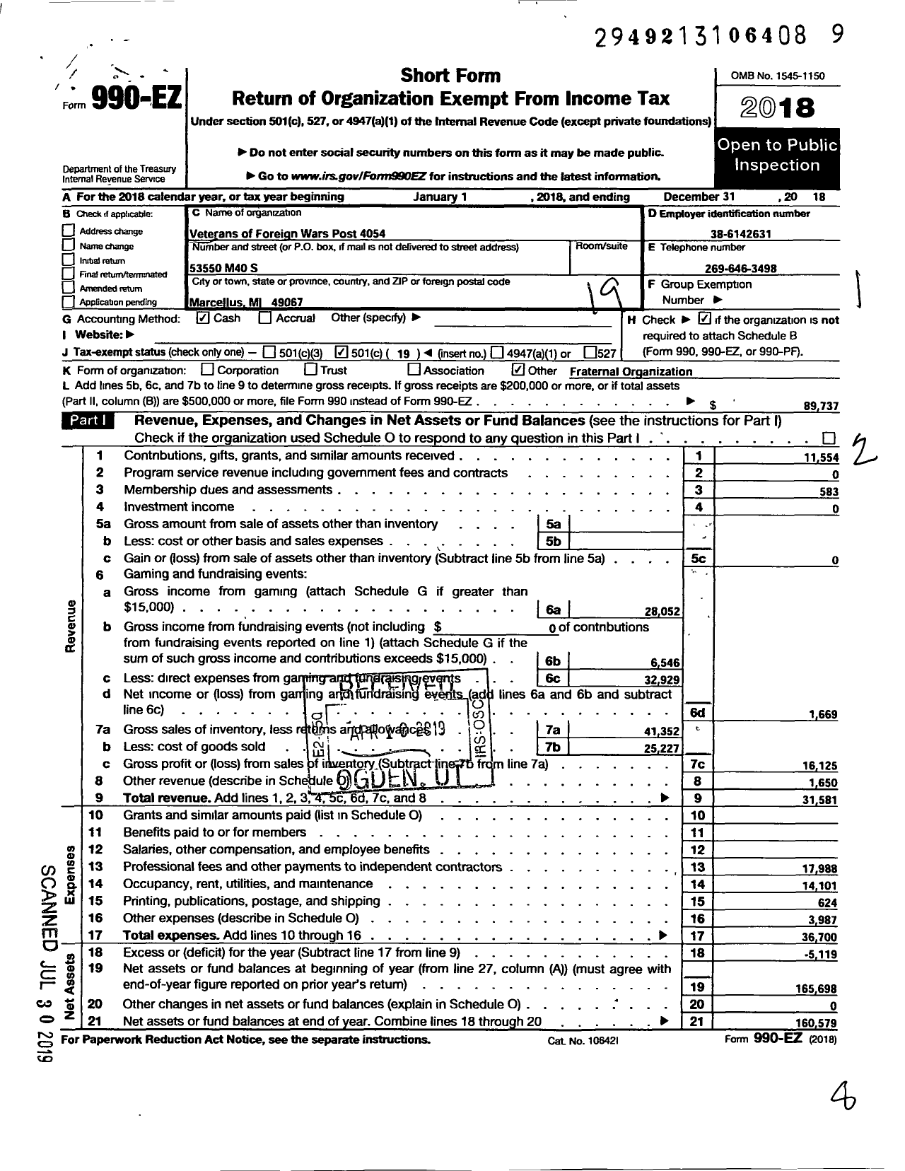 Image of first page of 2018 Form 990EO for VFW Department Of Michigan - Dist 7 4054 Marcellus