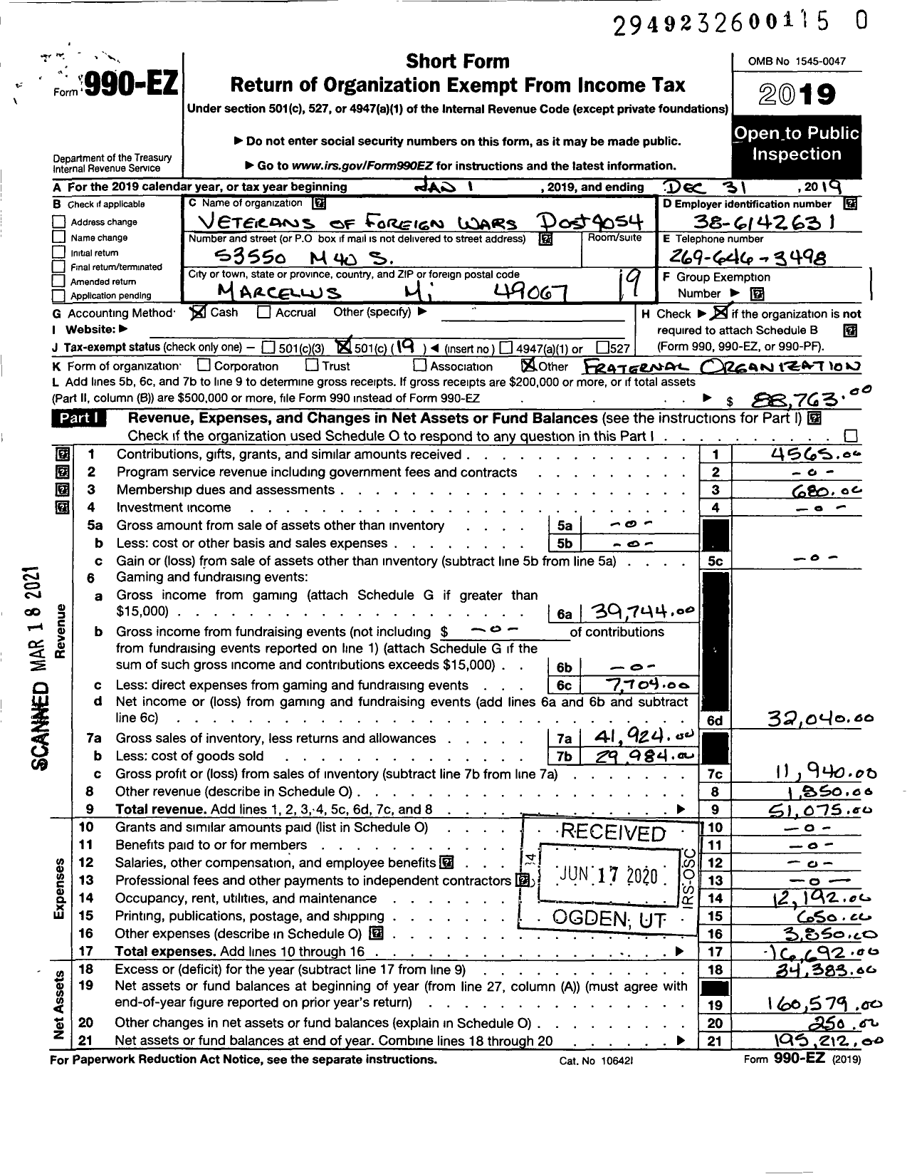 Image of first page of 2019 Form 990EO for VFW Department Of Michigan - Dist 7 4054 Marcellus