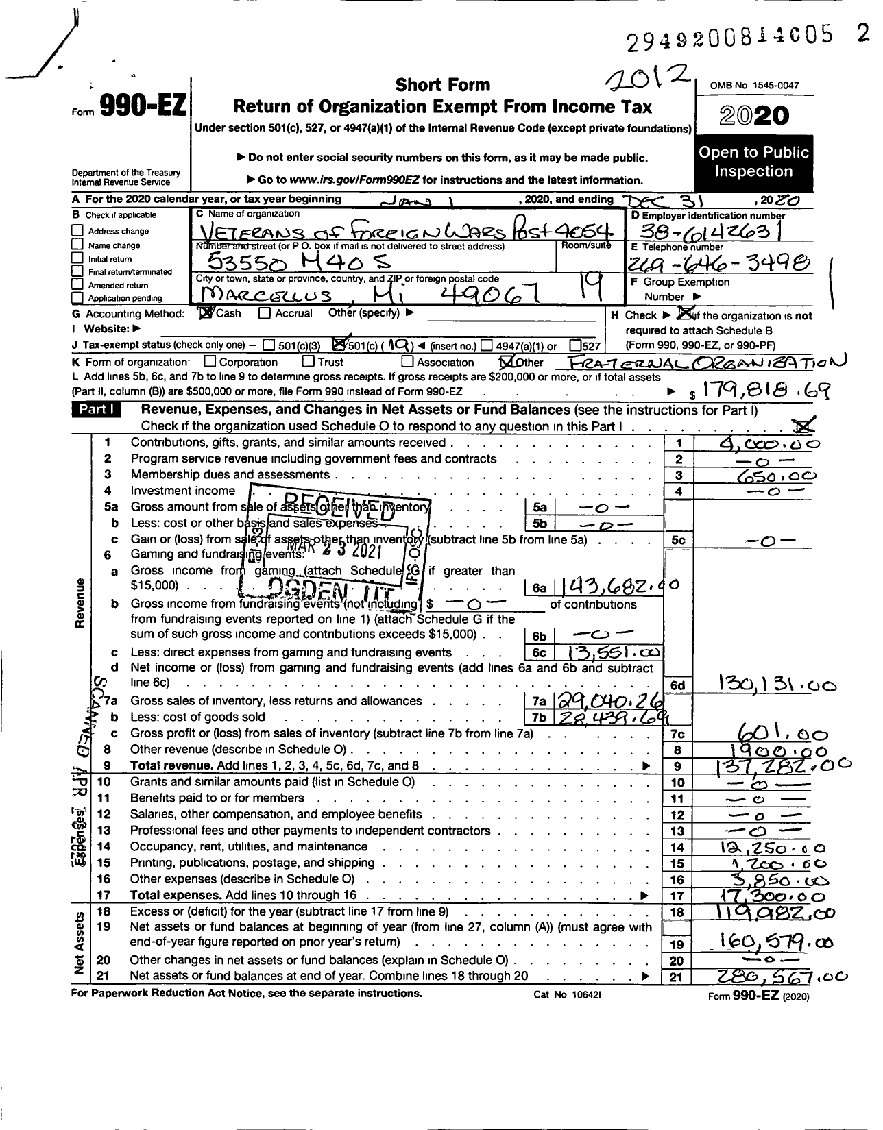 Image of first page of 2020 Form 990EO for VFW Department Of Michigan - Dist 7 4054 Marcellus