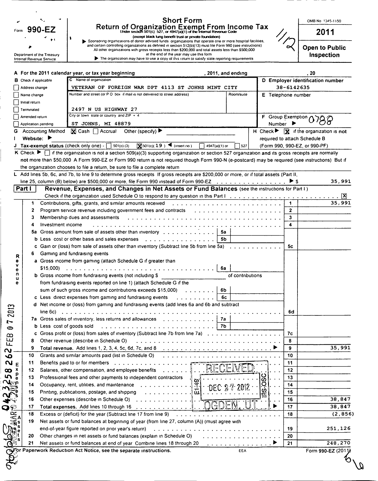 Image of first page of 2011 Form 990EO for VFW Department of Michigan - Dist 9 4113 St Johns Mint City