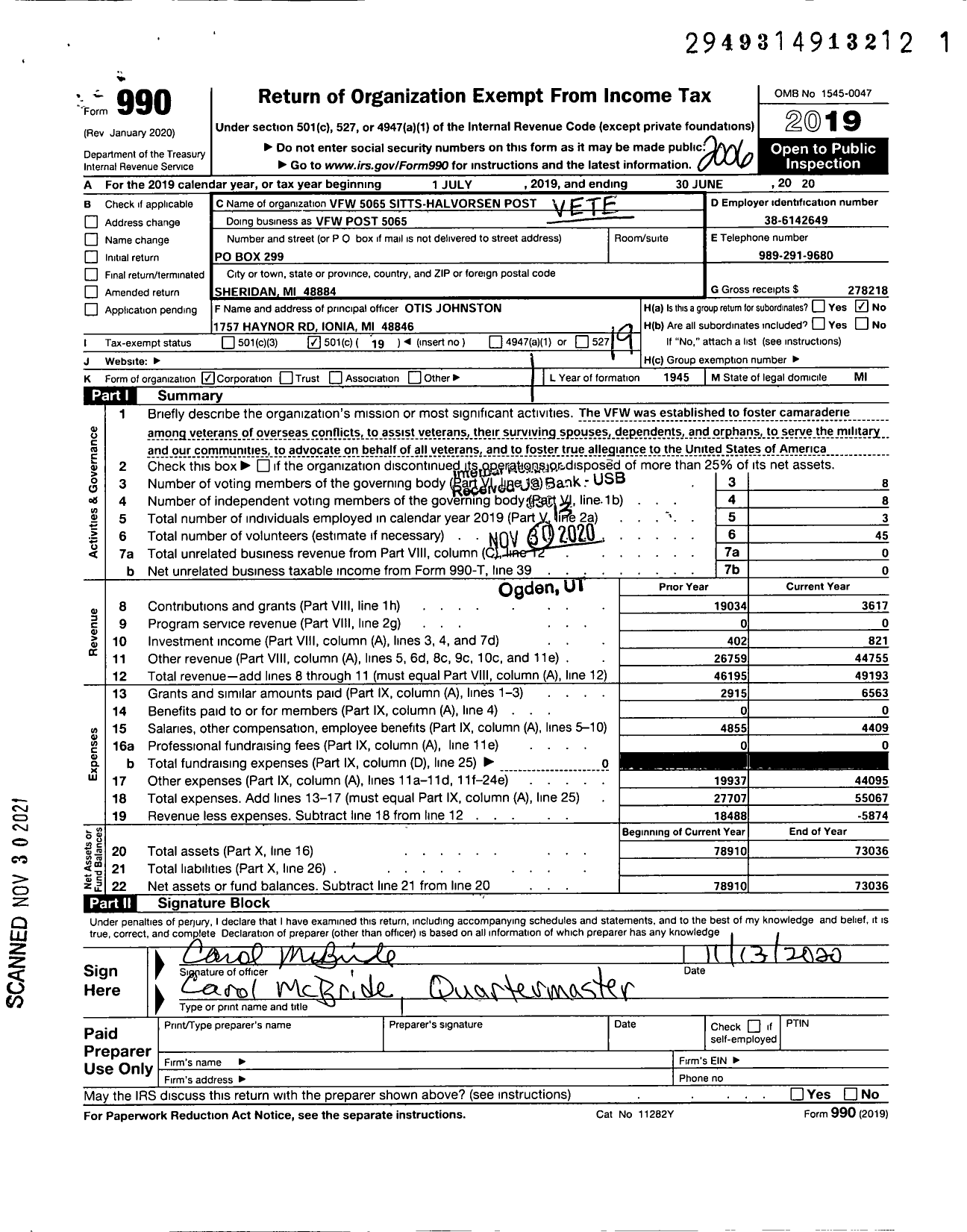 Image of first page of 2019 Form 990O for VFW Department of Michigan - VFW Post 5065