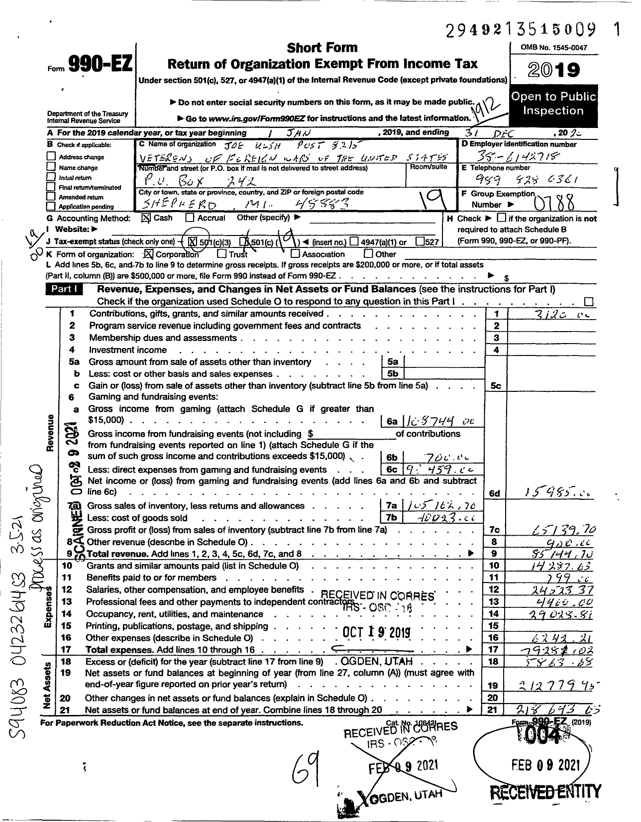 Image of first page of 2019 Form 990EO for VFW Department of Michigan - Dist 11 8215 Joe Ulsh