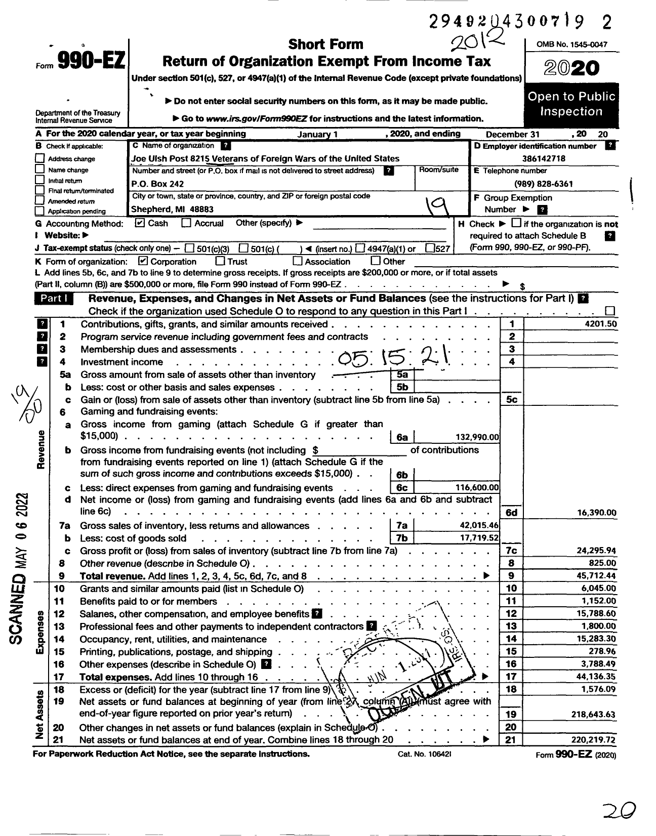 Image of first page of 2020 Form 990EO for VFW Department of Michigan - Dist 11 8215 Joe Ulsh