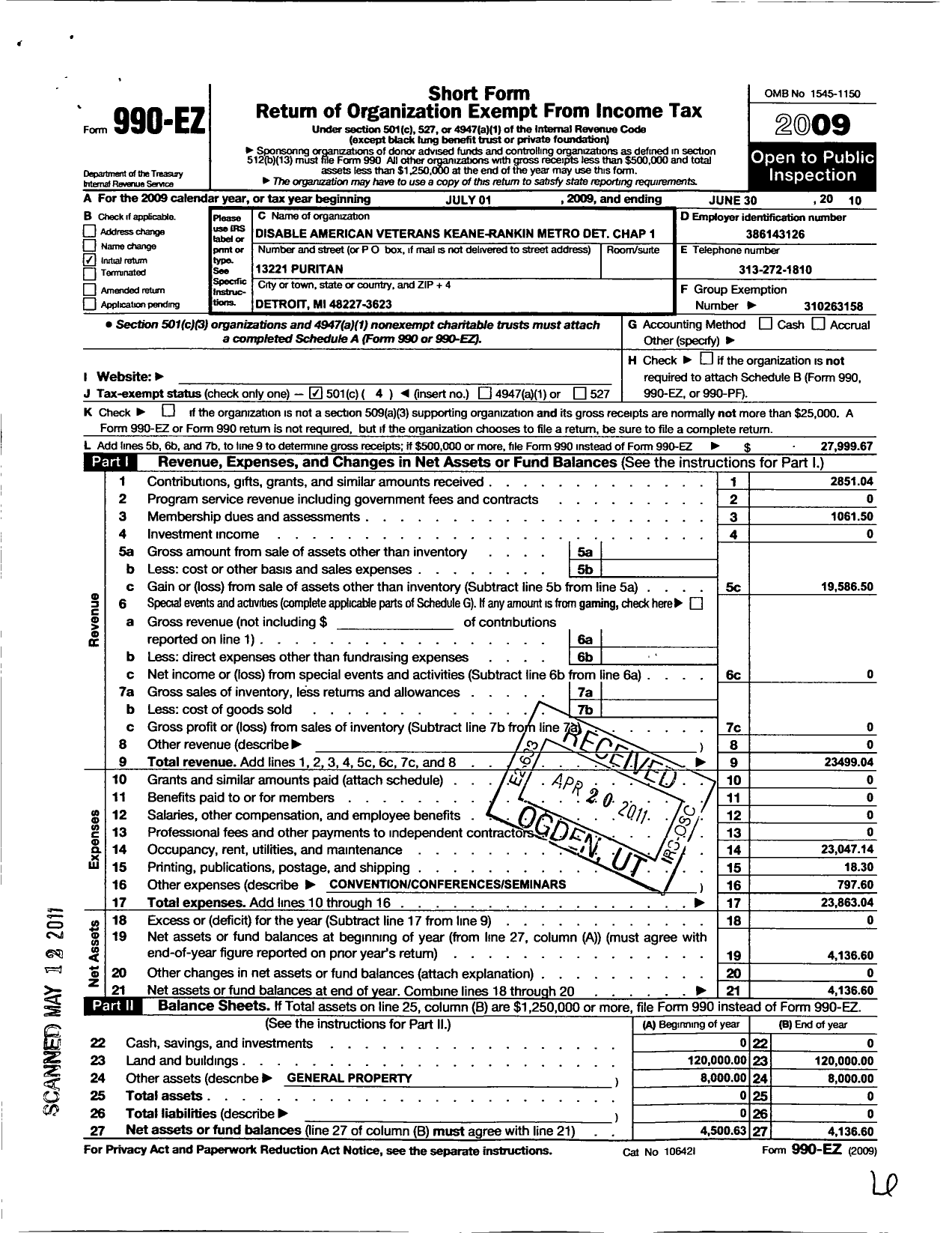 Image of first page of 2009 Form 990EO for Disabled American Veterans - 1 Keane-Rankin M Det