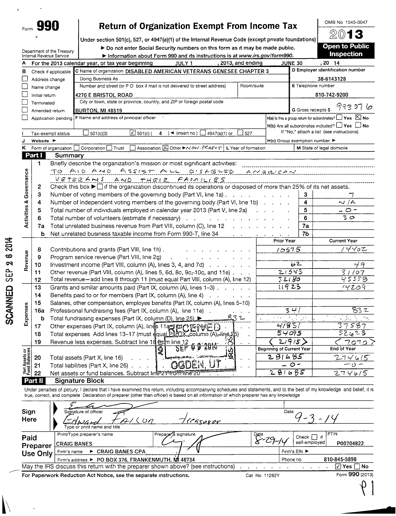 Image of first page of 2013 Form 990O for Disabled American Veterans - 3 Genesee