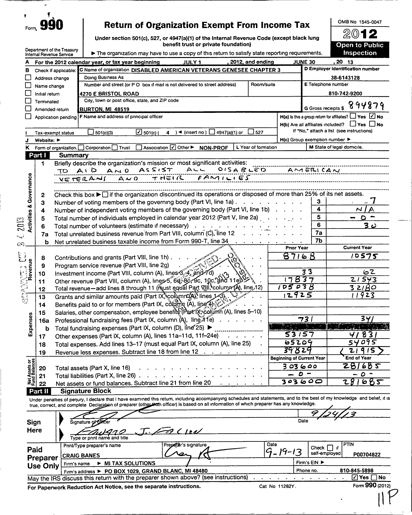 Image of first page of 2012 Form 990O for Disabled American Veterans - 3 Genesee