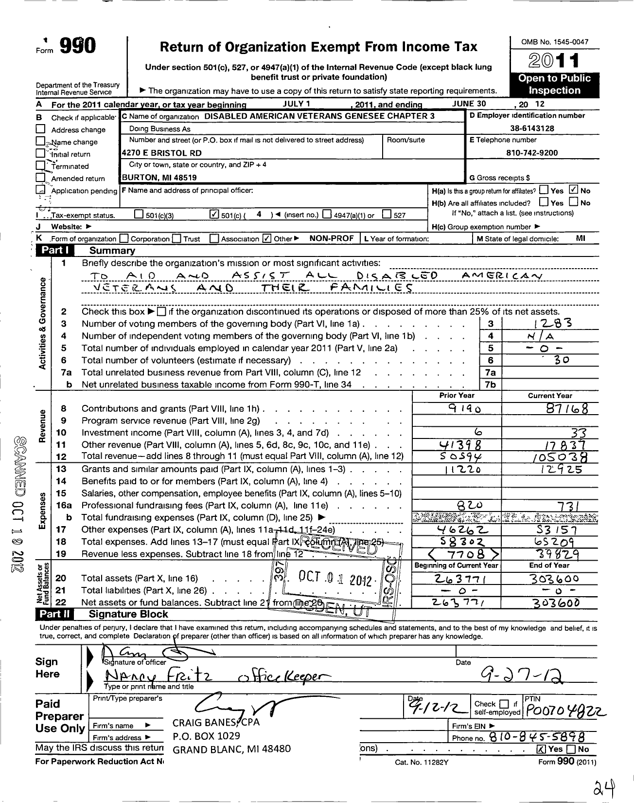 Image of first page of 2011 Form 990O for Disabled American Veterans - 3 Genesee