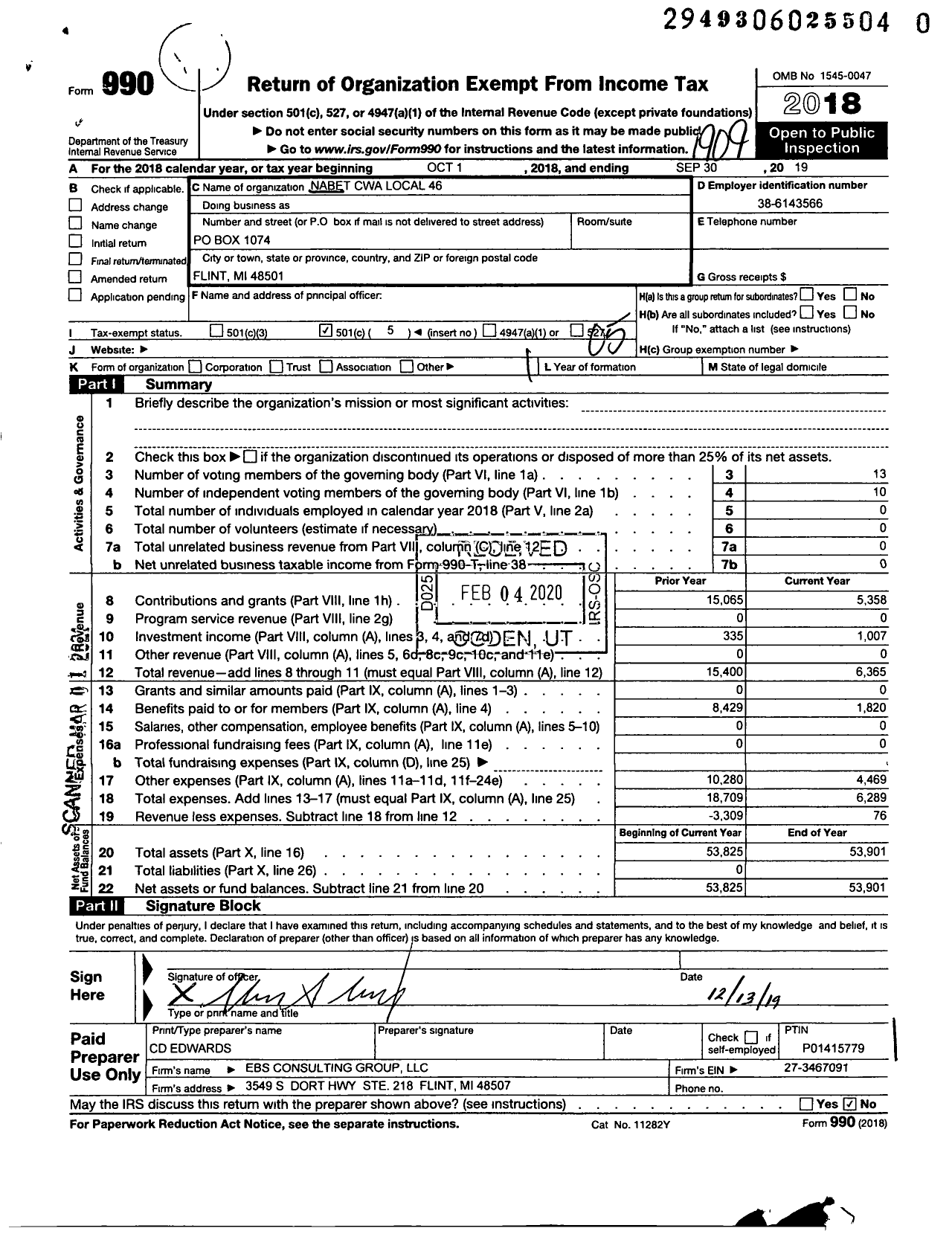 Image of first page of 2018 Form 990O for Communications Workers of America - 54046 CWA NABET Local