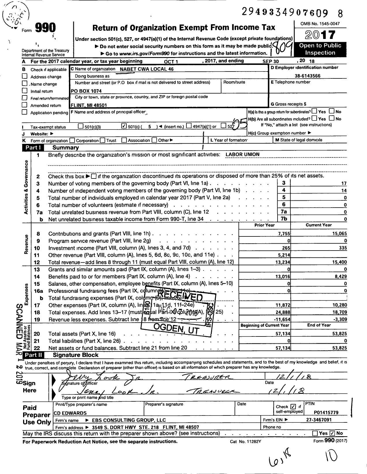 Image of first page of 2017 Form 990O for Communications Workers of America - 54046 CWA NABET Local