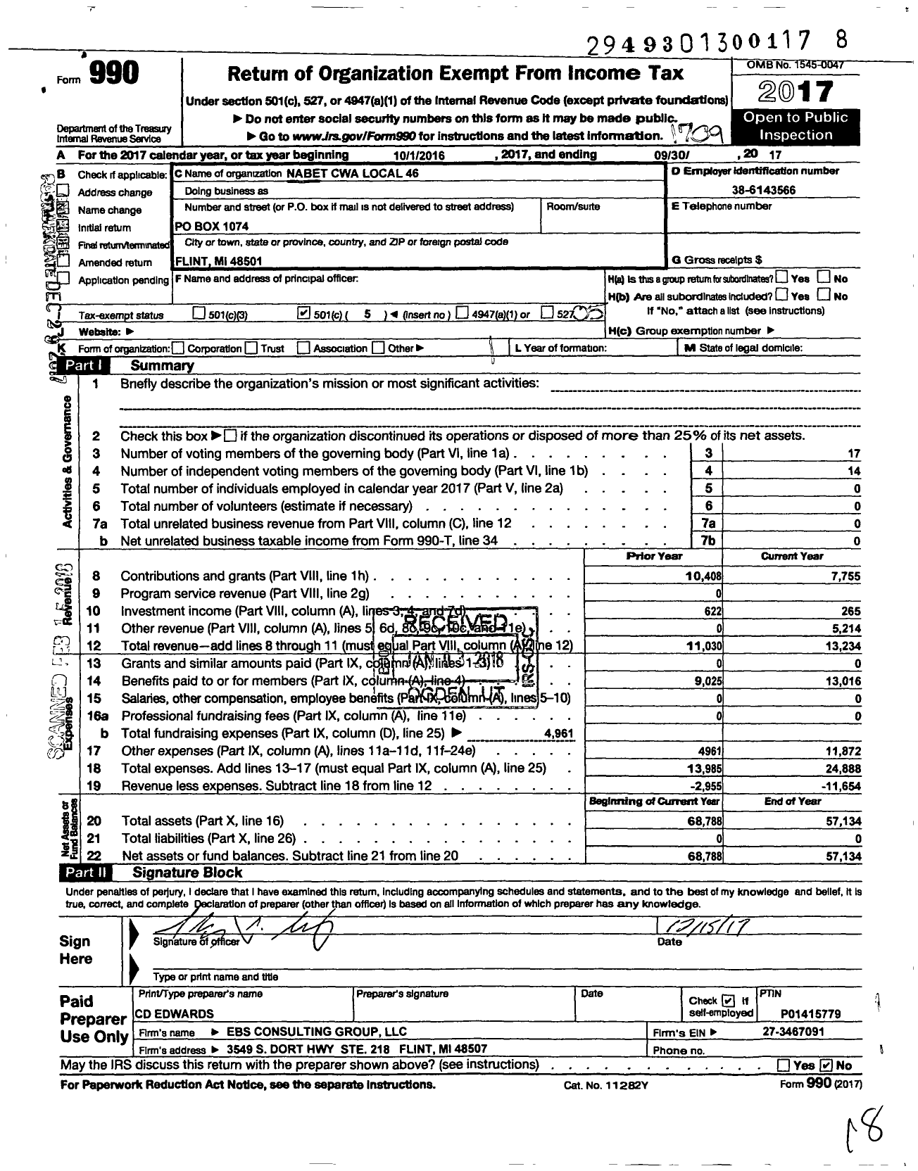 Image of first page of 2016 Form 990O for Communications Workers of America - 54046 CWA NABET Local