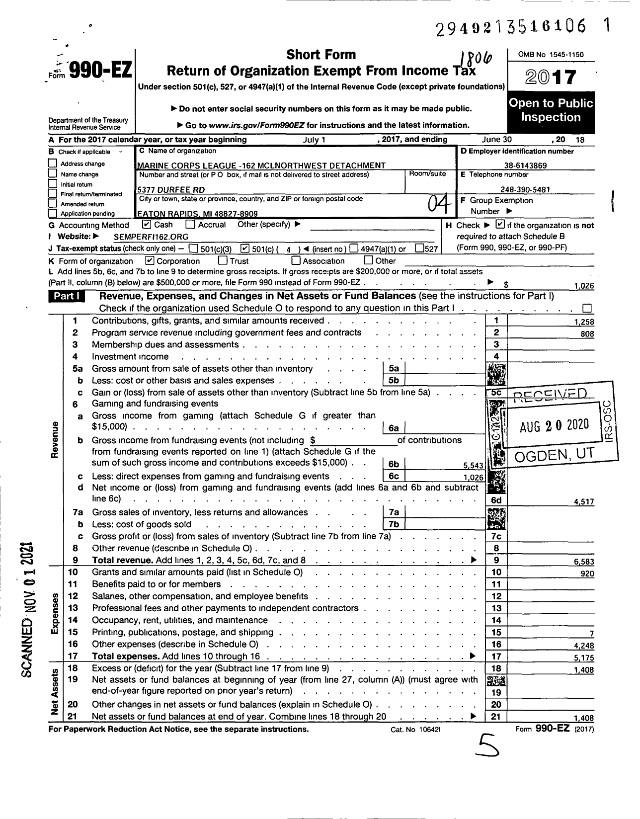 Image of first page of 2017 Form 990EO for Marine Corps League - 162 MCL Northwest Detachment