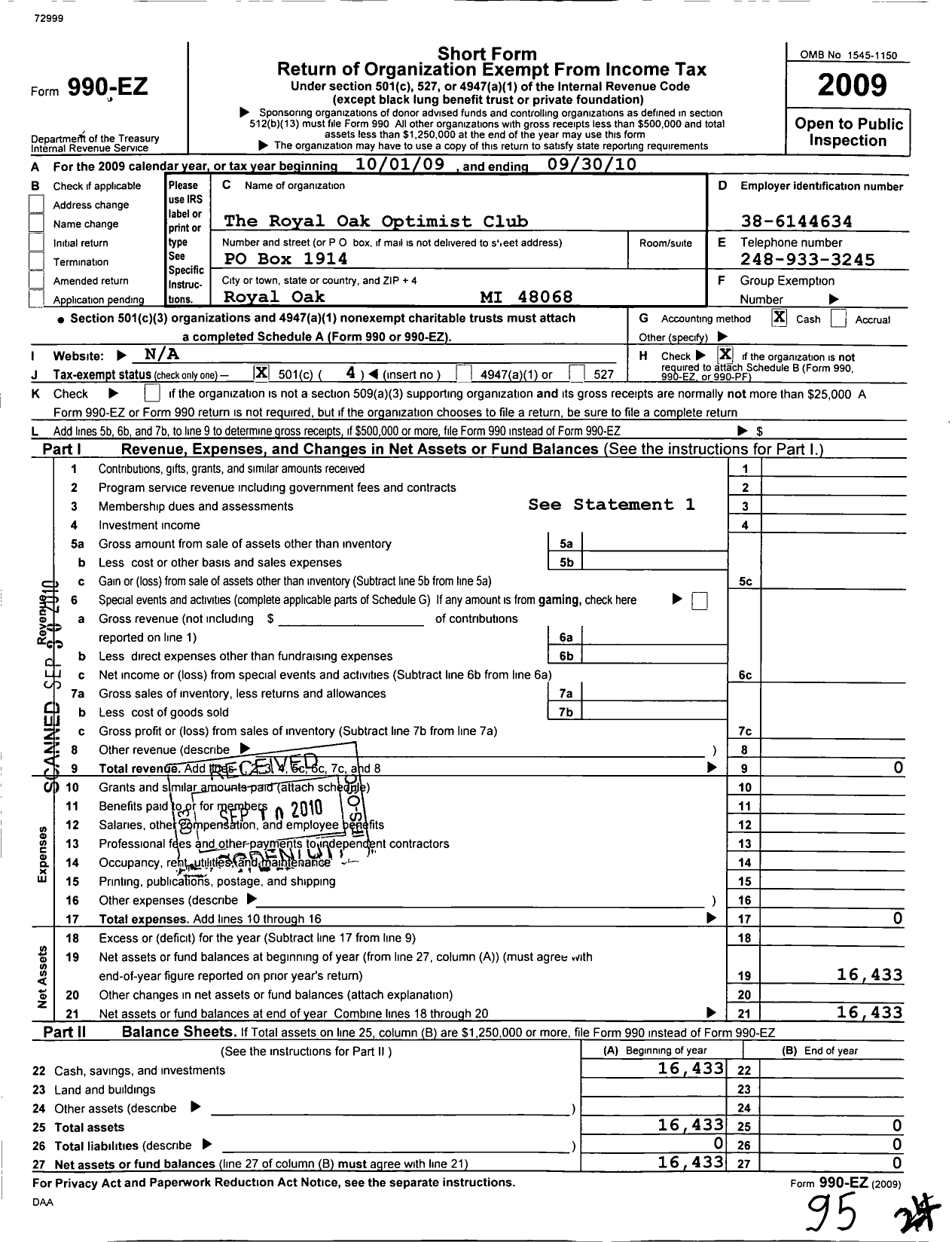 Image of first page of 2009 Form 990EO for Optimist International - 17180 Royal Oak Oc of Michigan