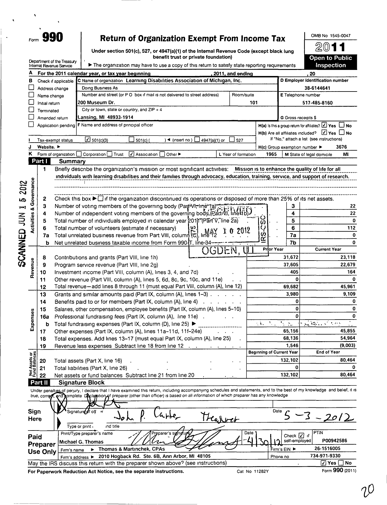 Image of first page of 2011 Form 990 for Learning Disablities Association of Michigan