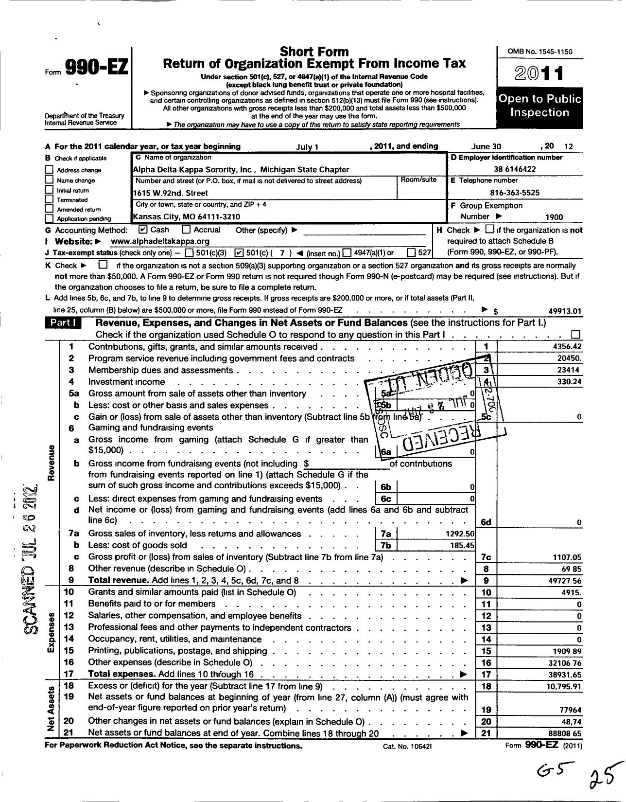 Image of first page of 2011 Form 990EO for Alpha Delta Kappa Sorority / Michigan State Chapter