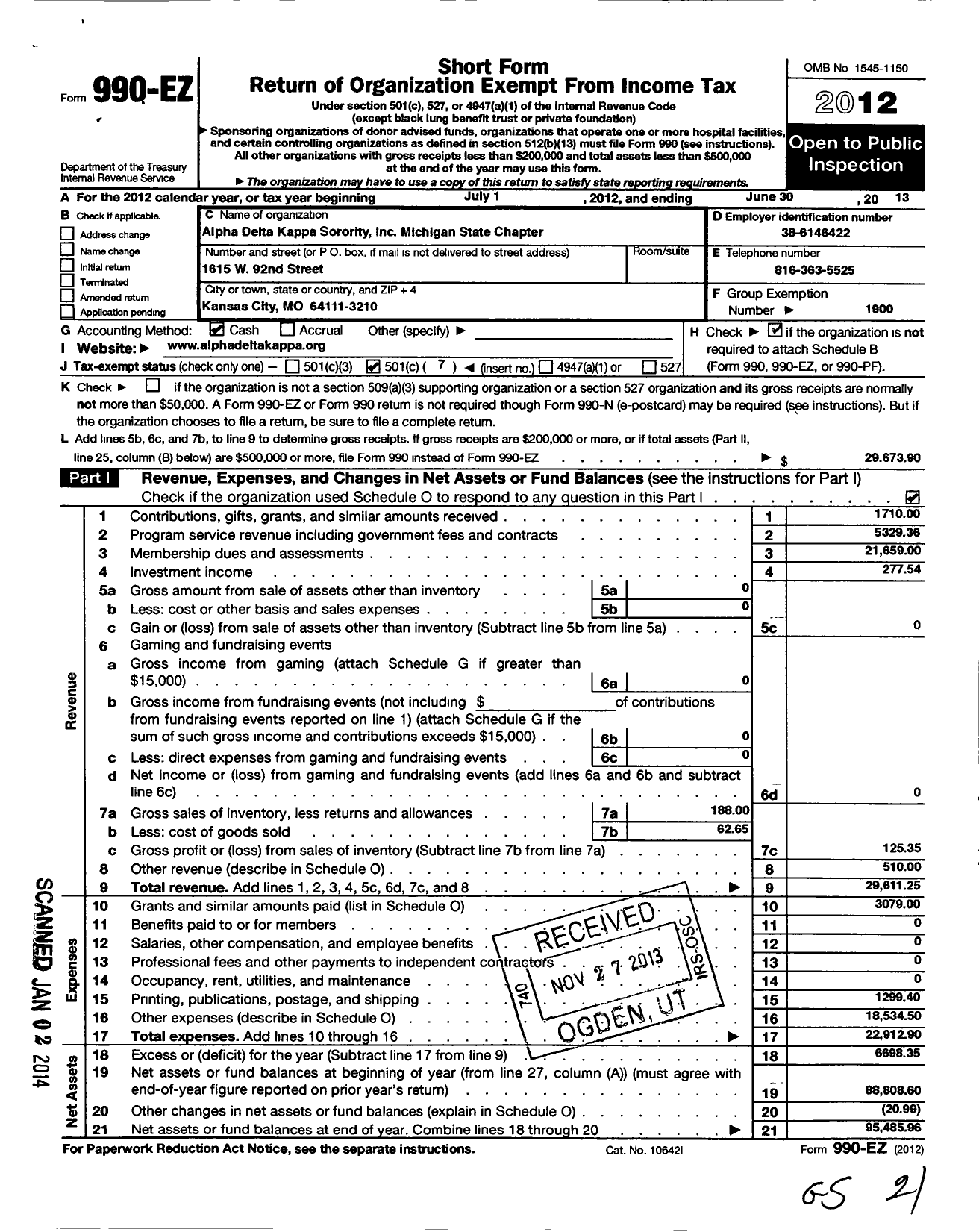 Image of first page of 2012 Form 990EO for Alpha Delta Kappa Sorority / Michigan State Chapter