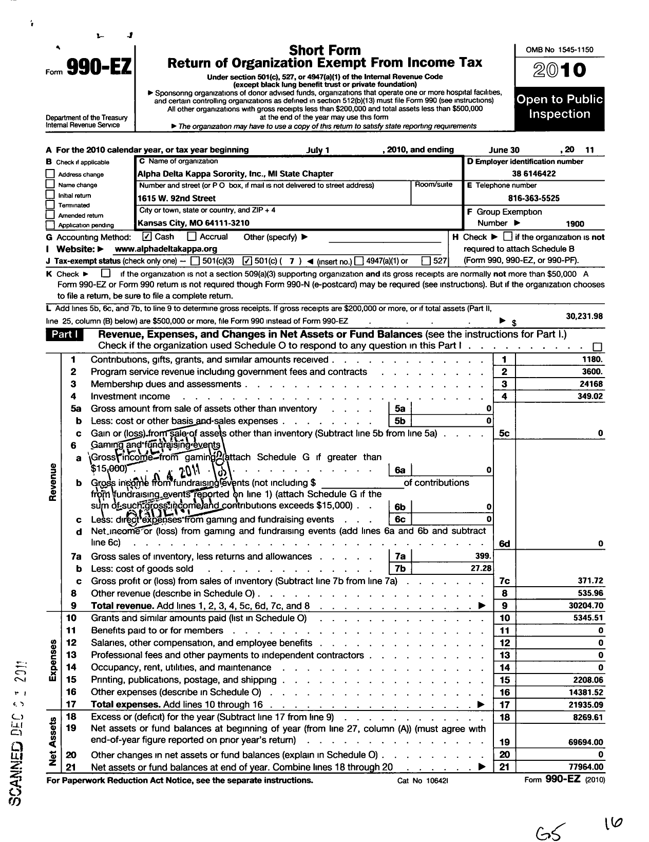 Image of first page of 2010 Form 990EO for Alpha Delta Kappa Sorority / Michigan State Chapter