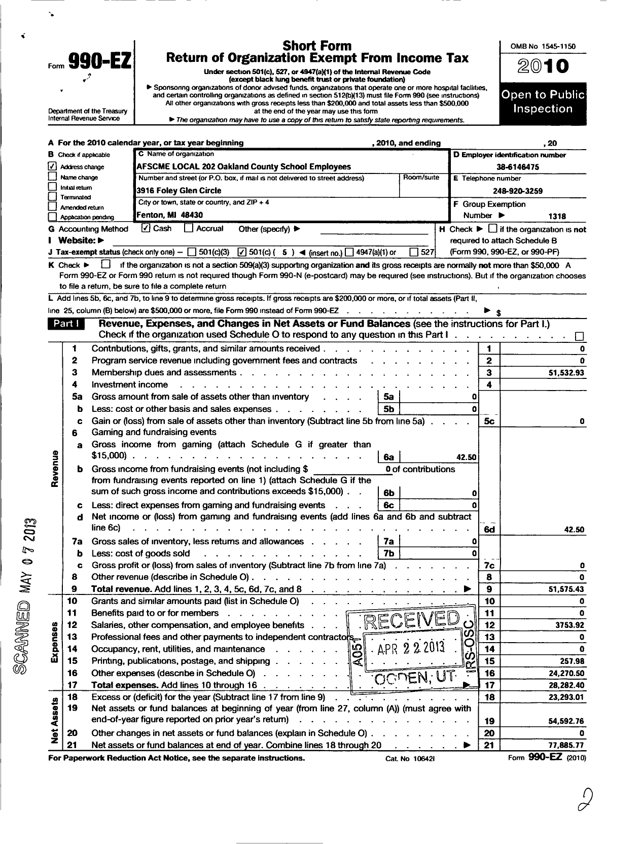 Image of first page of 2010 Form 990EO for American Federation of State County & Municipal Employees - L0202mi Oakland Co School Employees