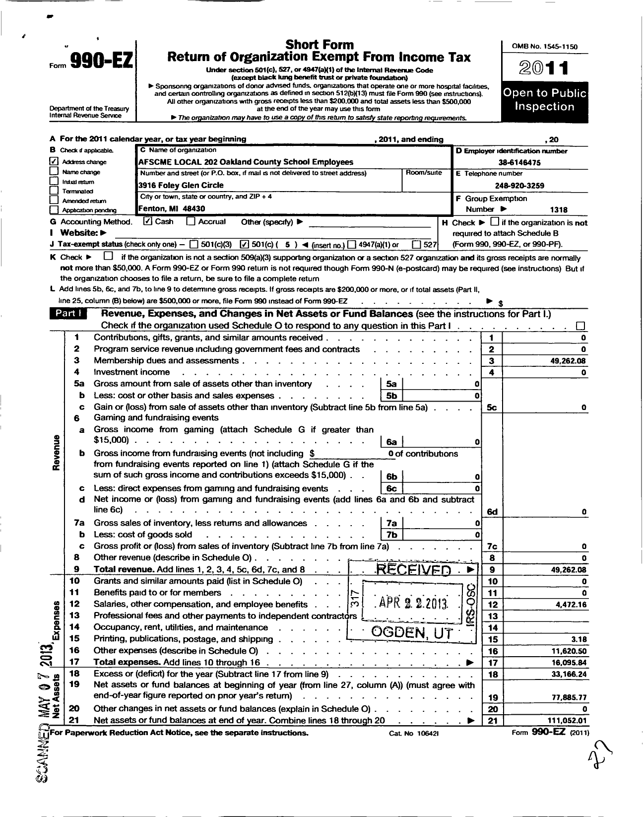 Image of first page of 2011 Form 990EO for American Federation of State County & Municipal Employees - L0202mi Oakland Co School Employees